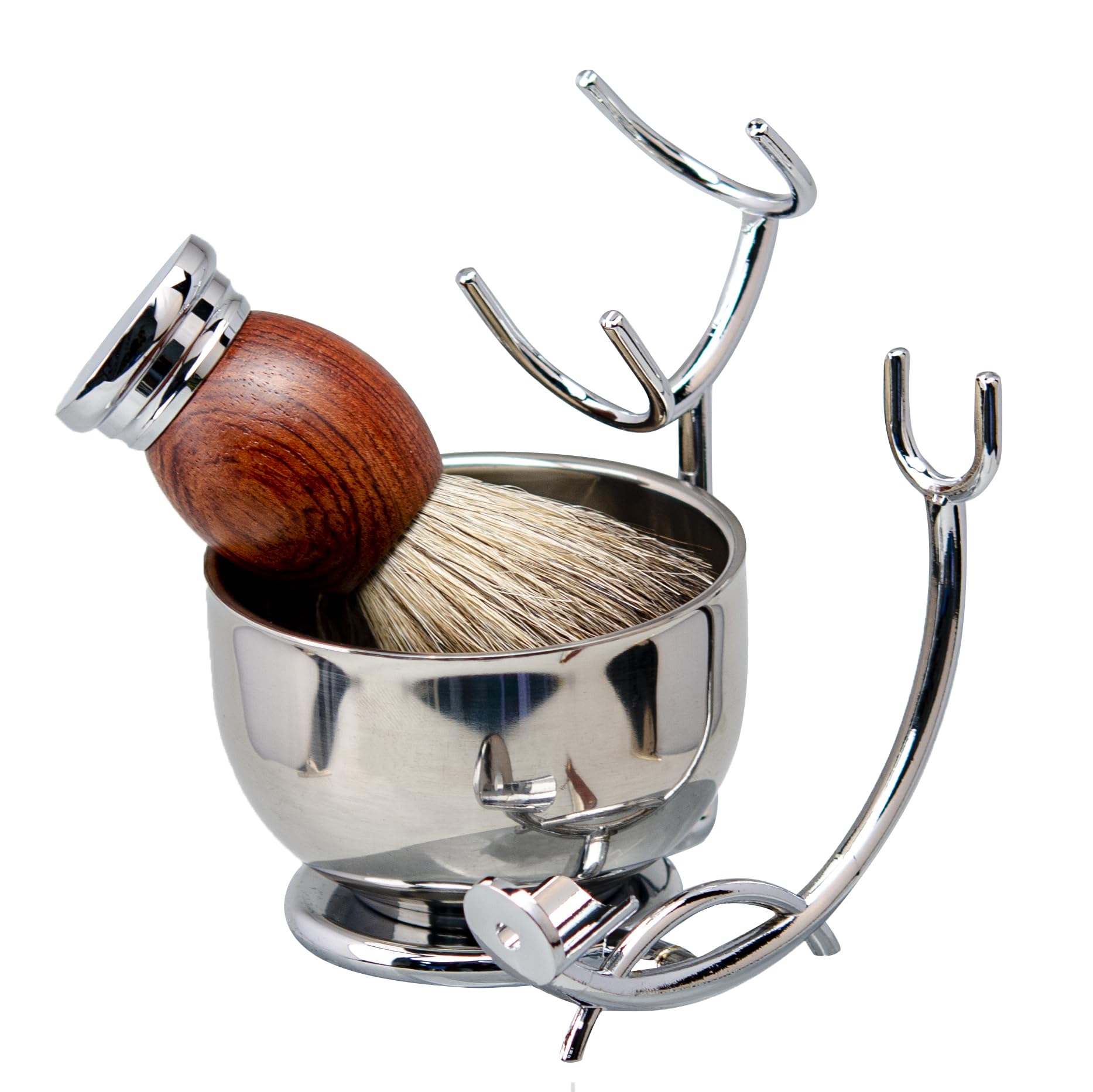 Grandslam - Kit de afeitar recto para afeitar, de acero con punta de piel, cepillo para polvo de afeitar, tazón y soporte de acero inoxidable, jabón de afeitar, regalo para hombres