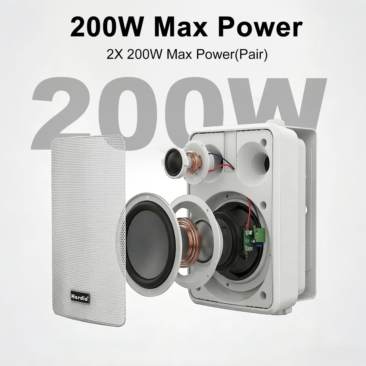 Herdio 6.5" 400W MAX Power Wall Mount Outdoor Bluetooth Speakers, Be Waterproof and Able to Wireless Multi-Connection Up to 20 Units for Patio/Porch/Balcony (White, 2-Pack)