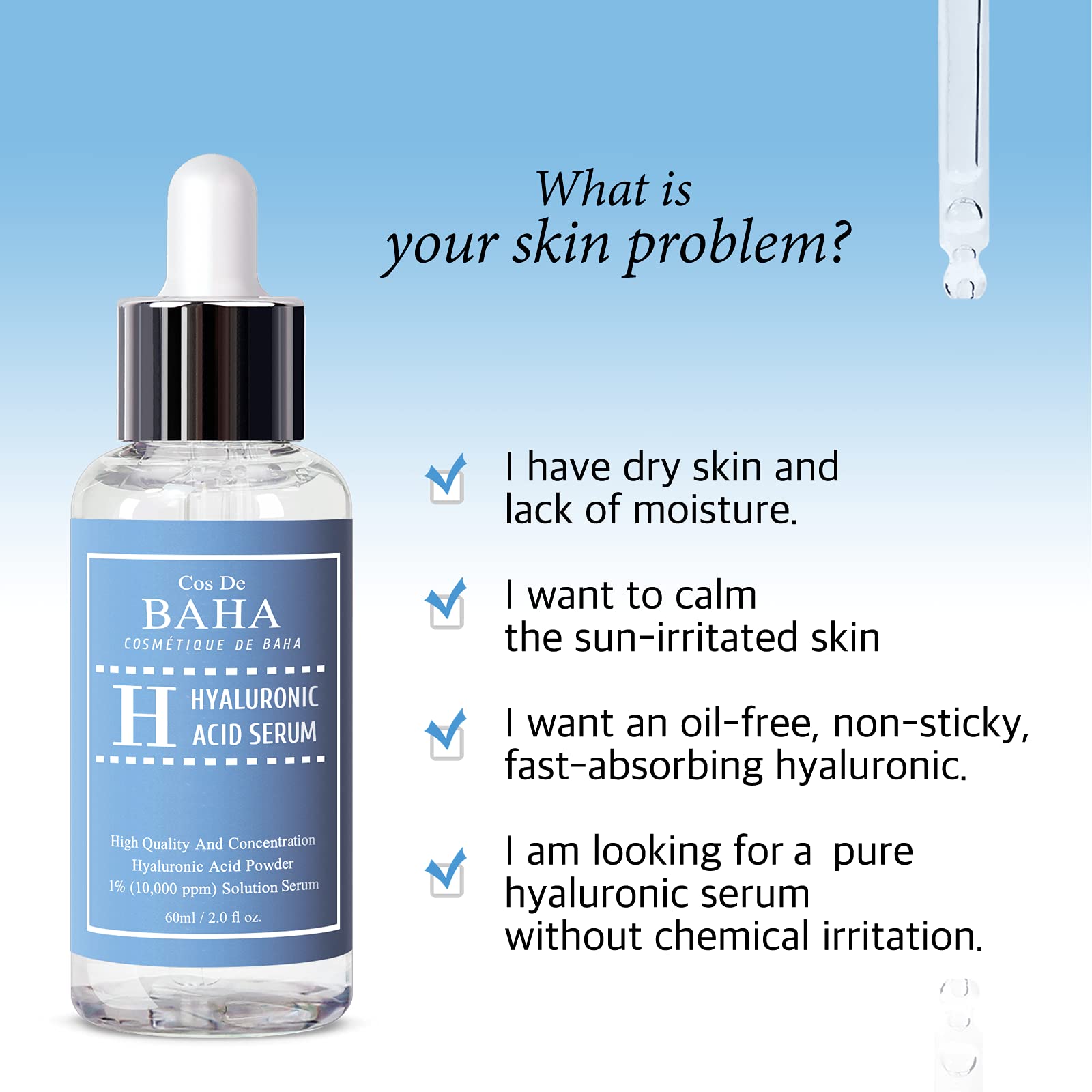 Serum en polvo de ácido hialurónico puro 1% para cara 10.000 ppm – antienvejecimiento + línea fina + hidratación intensa + hidratante facial + piel visiblemente rellena + previene el dolor de la vejiga 2 onzas líquidas