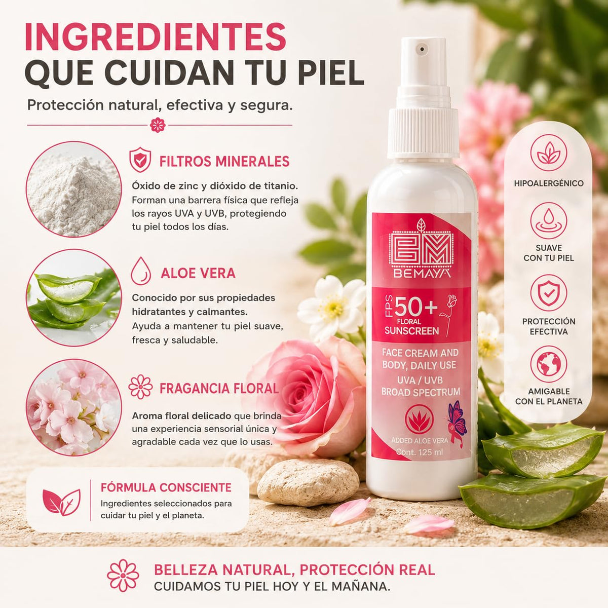 Bemaya Protector Solar Mineral Corporal FPS 50+ Biodegradable | Óxido de Zinc | Protección UVA/UVB | Aroma Floral | 125 ml