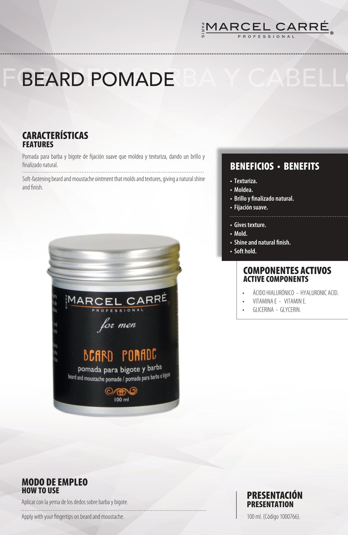 Marcel Carré Pomada para Barba y Bigote, Fijación Suave, con Ácido Hialurónico y Vitamina E, 100 ml