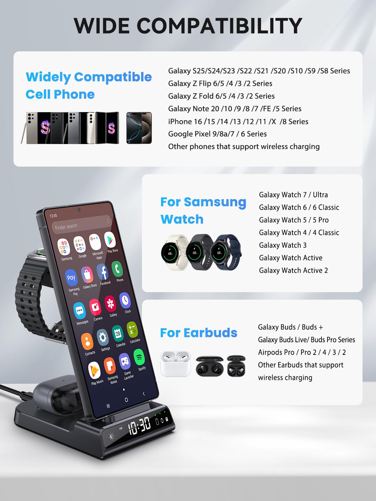 Cargador inalámbrico para Samsung Galaxy S24 Ultra, estación de carga con reloj para Samsung Galaxy S23 Ultra/S22/S21/Z Flip5/Note 20, cargador de reloj para Samsung Galaxy Watch 6/5/5Pro/4/3/Active
