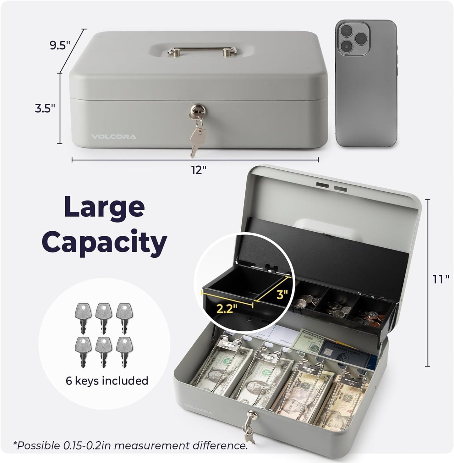 Caja de Dinero Grande Volcora Metal con Cerradura de Llave y Bandeja Portátil Duradera para Ahorro de Dinero