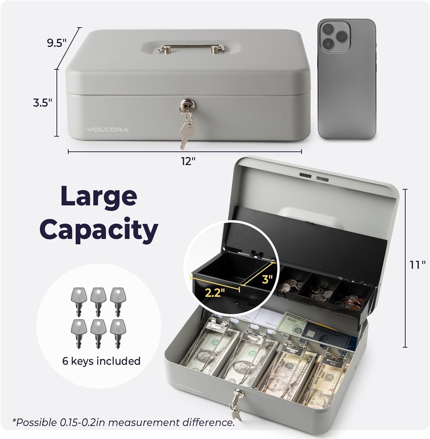 Caja de Dinero Grande Volcora Metal con Cerradura de Llave y Bandeja Portátil Duradera para Ahorro de Dinero