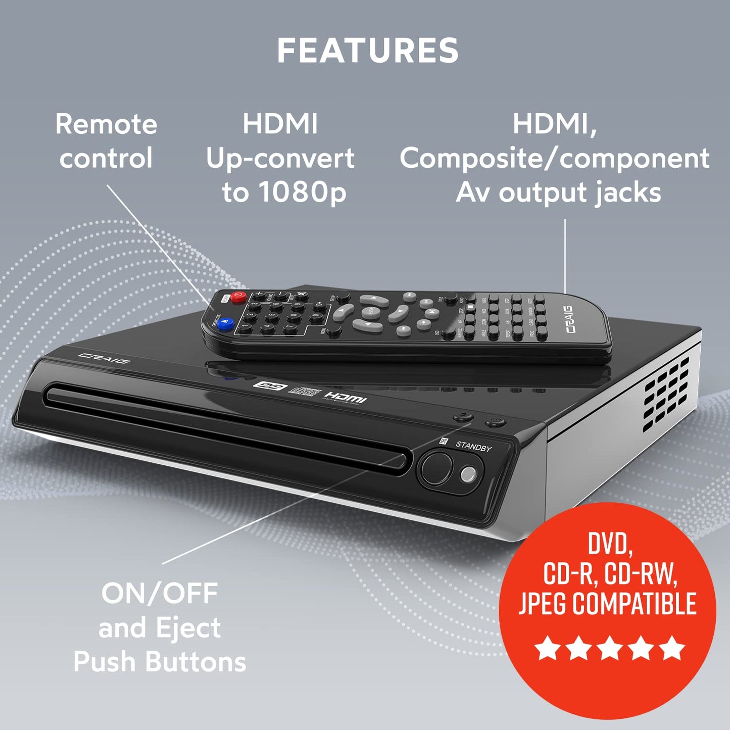 Craig CVD401A Reproductor de DVD HDMI Compacto con Control Remoto en Negro | Compatible con DVD-R/DVD-RW/JPEG/CD-R/CD-R/CD-R/CD, escaneo Progresivo, conversión Ascendente a 1080p |