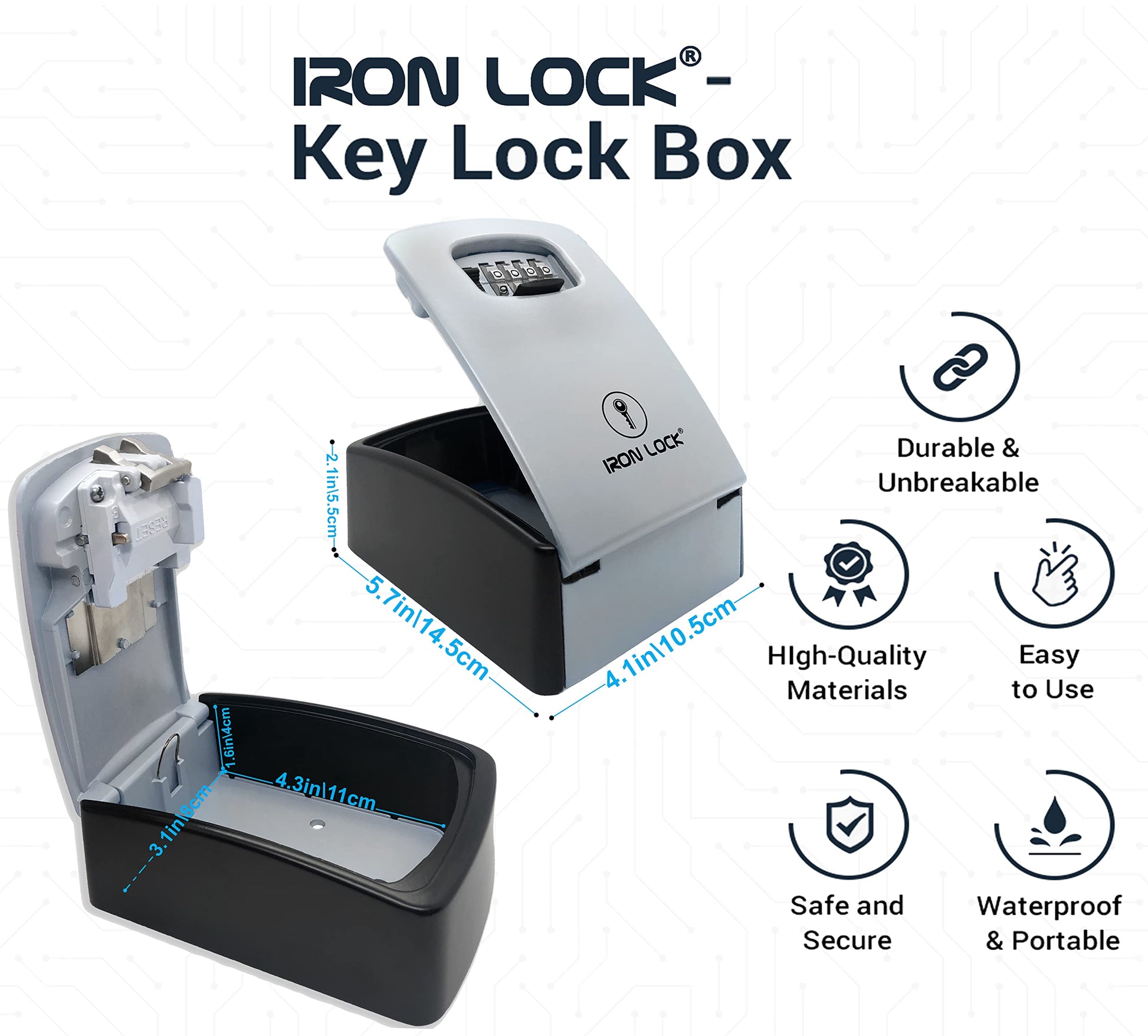 Iron Lock – Caja de cerradura de combinación de 4 dígitos, caja de bloqueo de llave montada en la pared, caja de seguridad impermeable para interiores y exteriores, interruptor A/B, Gris-XXL