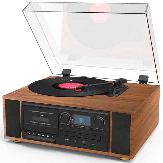 Boytone BT-38SM - Sistema de tocadiscos clásico Bluetooth, radio AM/FM, reproductor de CD/casete, 2 altavoces estéreo integrados, grabación de vinilo, radio y casete a MP3, ranura SD, USB, AUX.