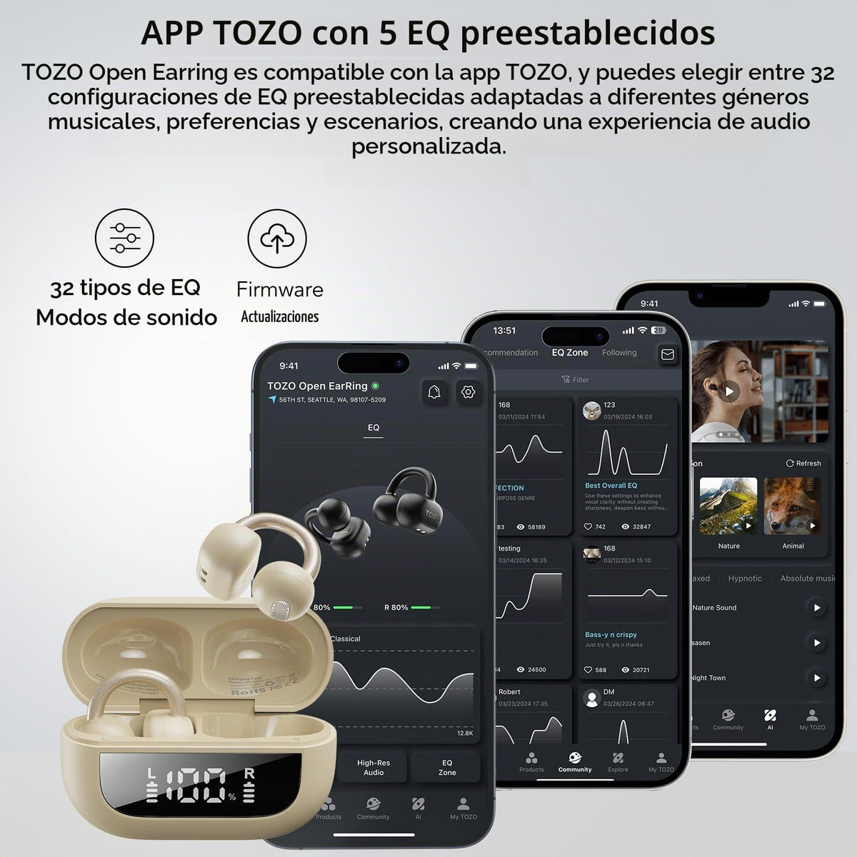 Auriculares Inalámbricos TOZO Negro con Clip de Oído y Visualización Digital Inteligente 40H Play Bluetooth 5.4 para Mujer