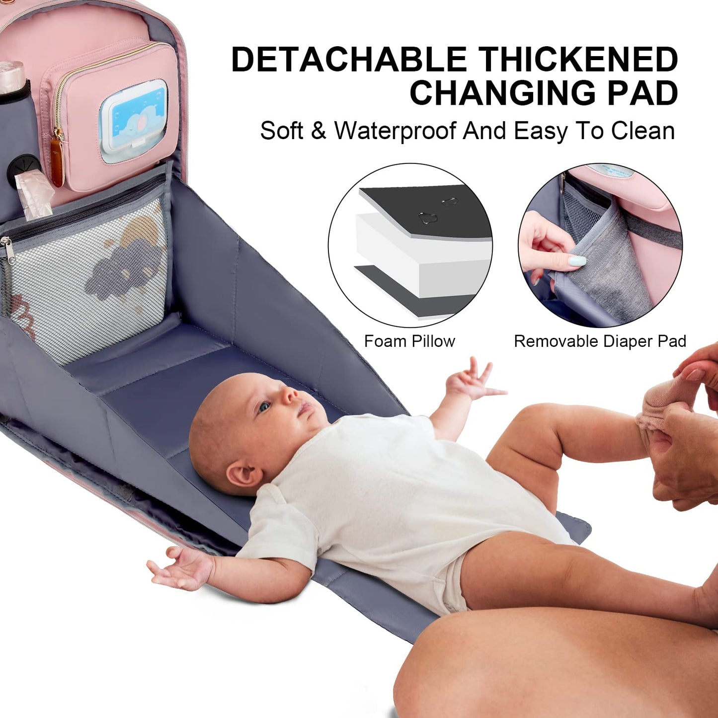 WITSTEP - Mochila para pañales con estación de cambio, organizador de pañales para bebés, para mamás, papás, bolsas grandes para cambiar de bebé, Rosado, Large, Mochila para pañales con cambiador