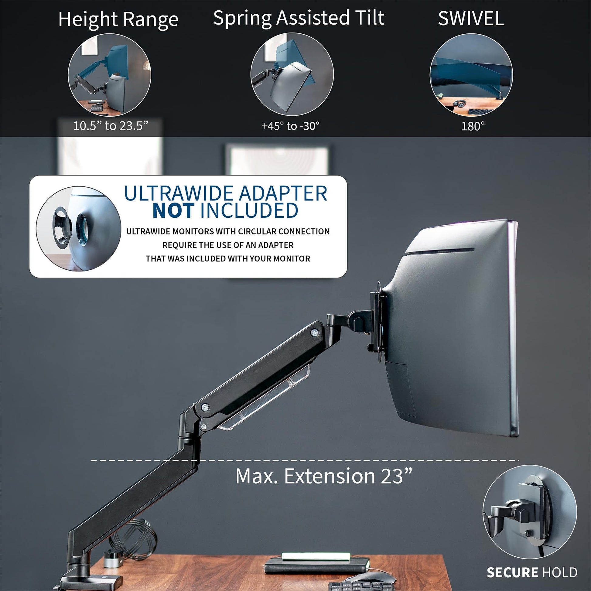 Brazo de Monitor VIVO Negro de Aluminio Resistente para Monitores Ultra Anchos para Escritorio