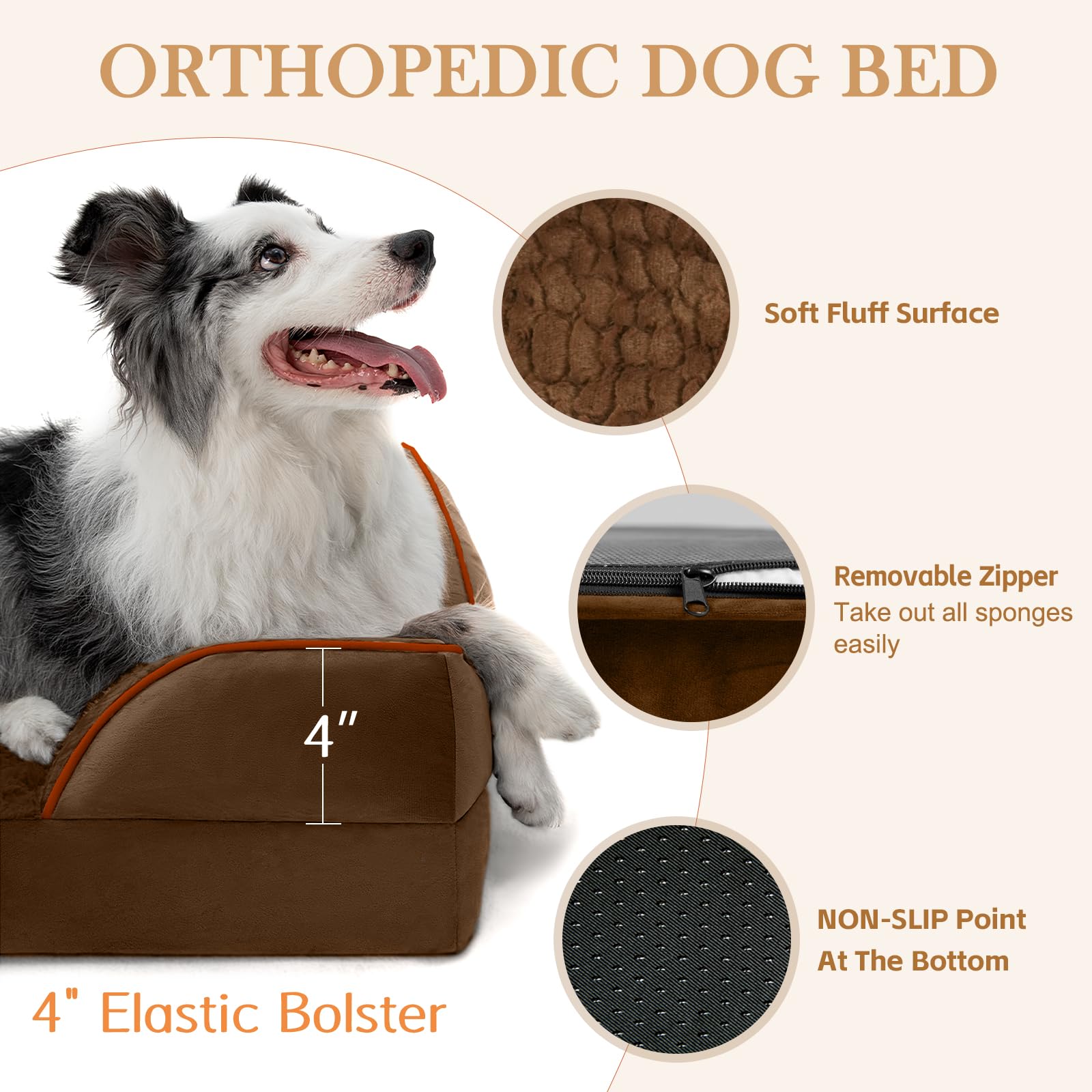 Comfort Expression - Camas grandes para perros impermeables de espuma ortopédica para perros, cómoda cama para mascotas con funda extraíble lavable y parte inferior antideslizante (L, café chocolate)