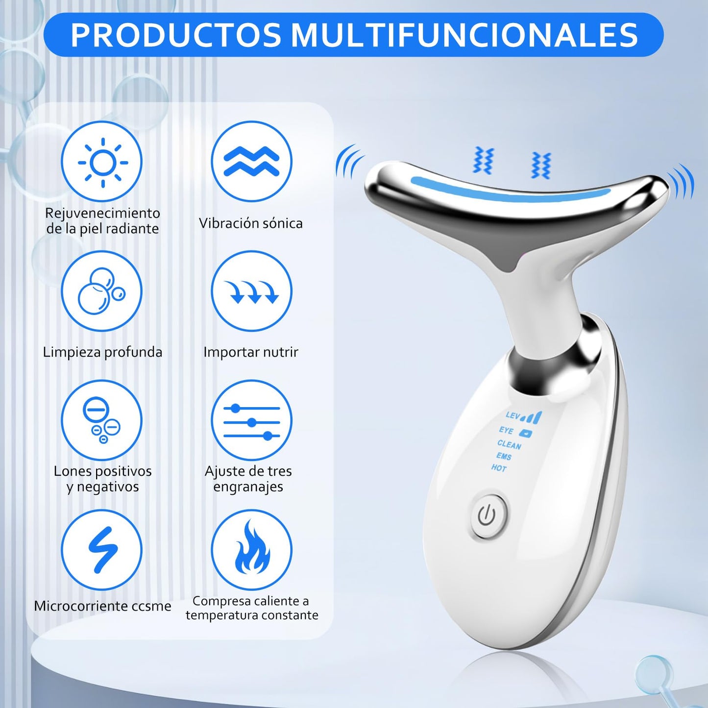 Masajeador Facial Cuello, Antiarrugas Masajeador de Belleza con 3 Modos, Máquina Belleza Facial Electrico con Luz LED, Masajeador de Cuello Portátil, Antienvejecimiento, Limpieza Profunda Piel