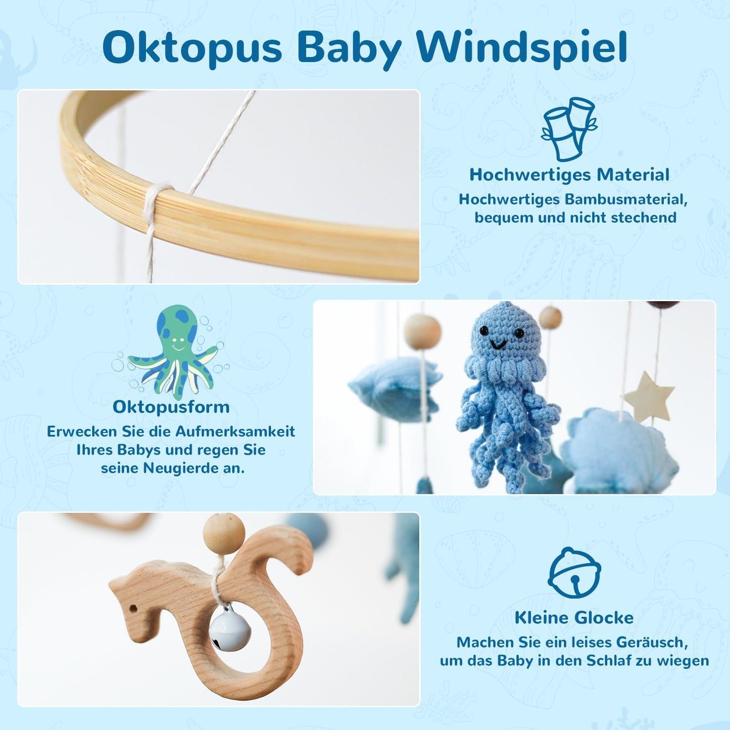 Móvil para cuna de bebé para niñas y niños, con temática oceánica para cuna, fieltro de ganchillo, pulpo, ballena, estrella de mar, guardería móvil para moisés, decoración de guardería