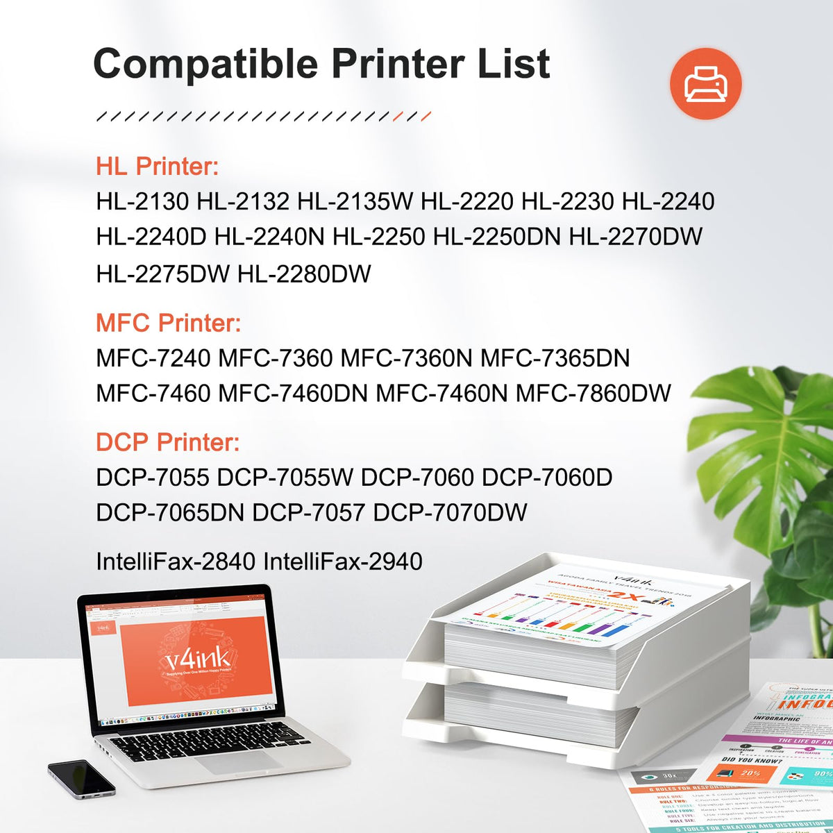 Cartucho de Tóner V4INK Negro Alto Rendimiento para Impresora Brother TN450 TN420 Series