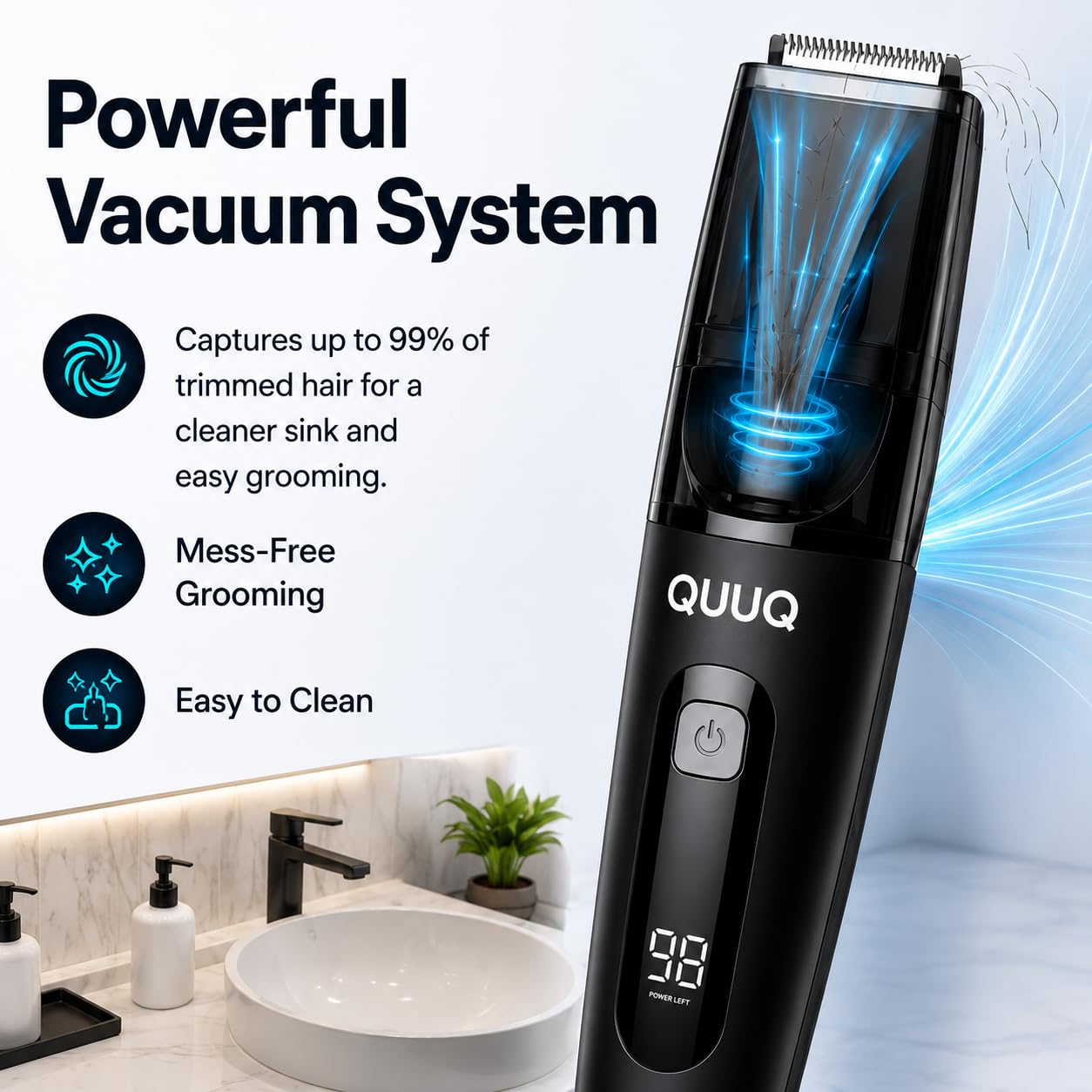 QUUQ Recortadora de barba al vacío para hombre: recortadora de bigote con peine ajustable, inalámbrica, con dial de precisión, silenciosa y resistente al agua.
