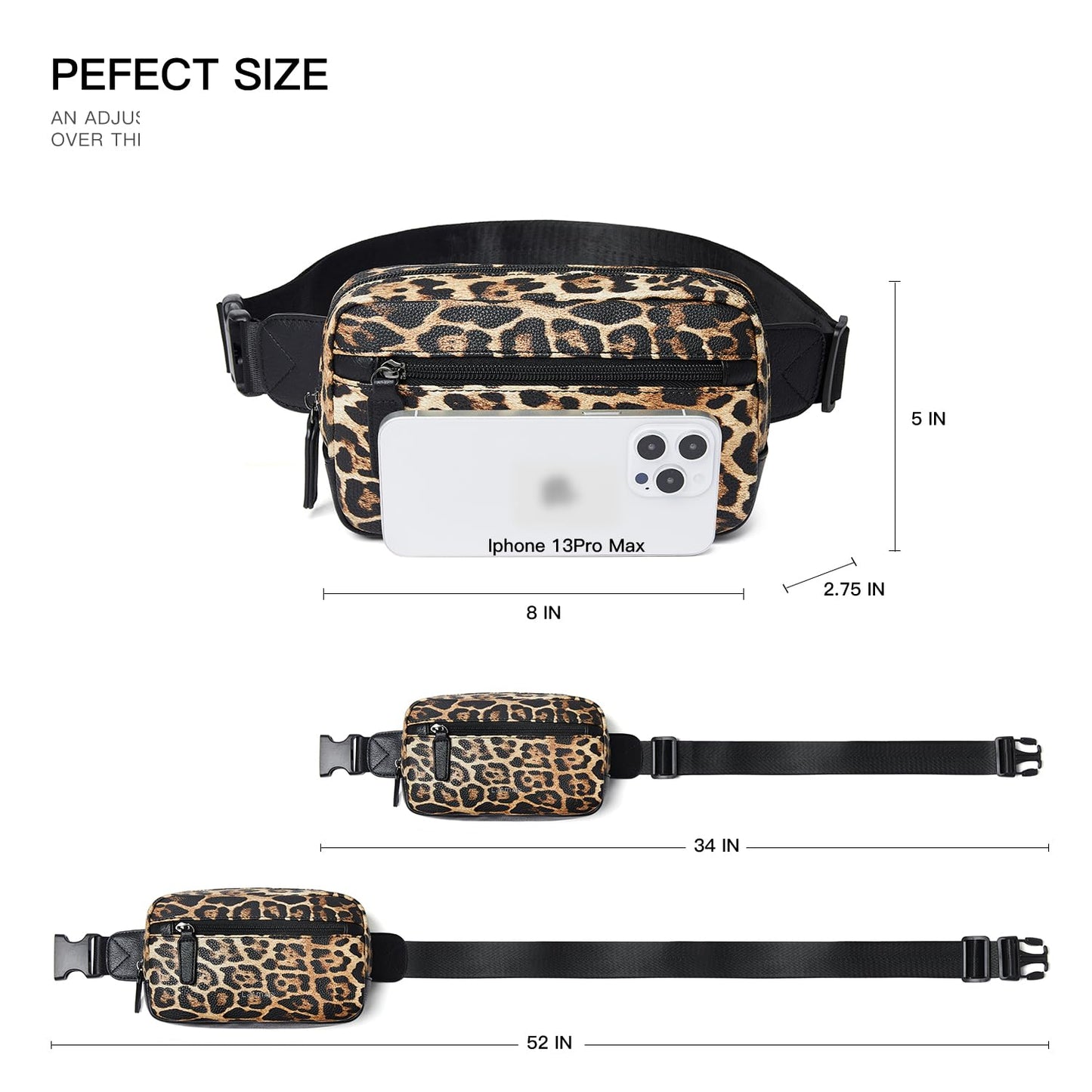 LATMAP - Riñonera de 2 L para todas partes, pequeña y a la moda, bandolera de piel sintética, impermeable, para mujer, a la moda, Impresión de leopardo, 8 inches x 5 inches x 2.75 inches