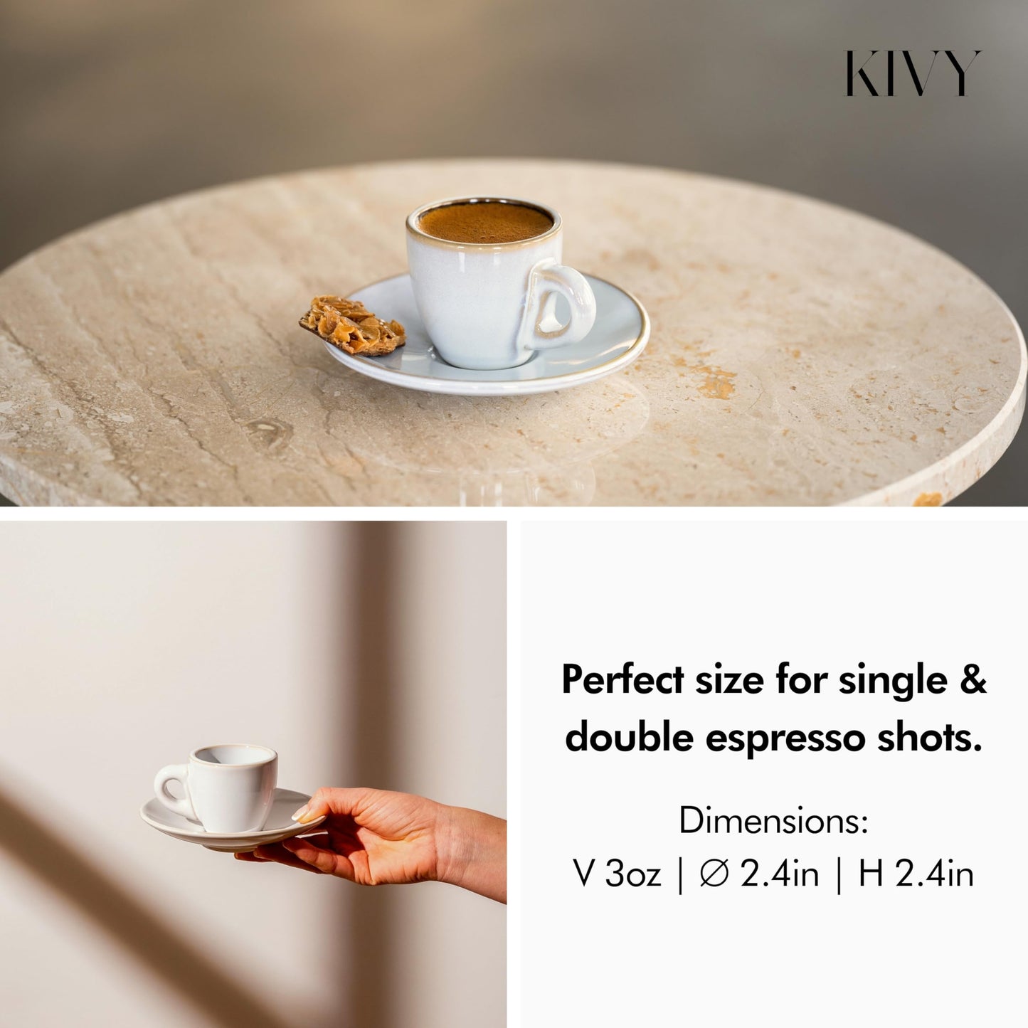 KIVY - Juego de 4 tazas de café expreso de gres de 3 onzas, tazas y platillos de demitasse de estilo italiano, color gris de pared gruesa