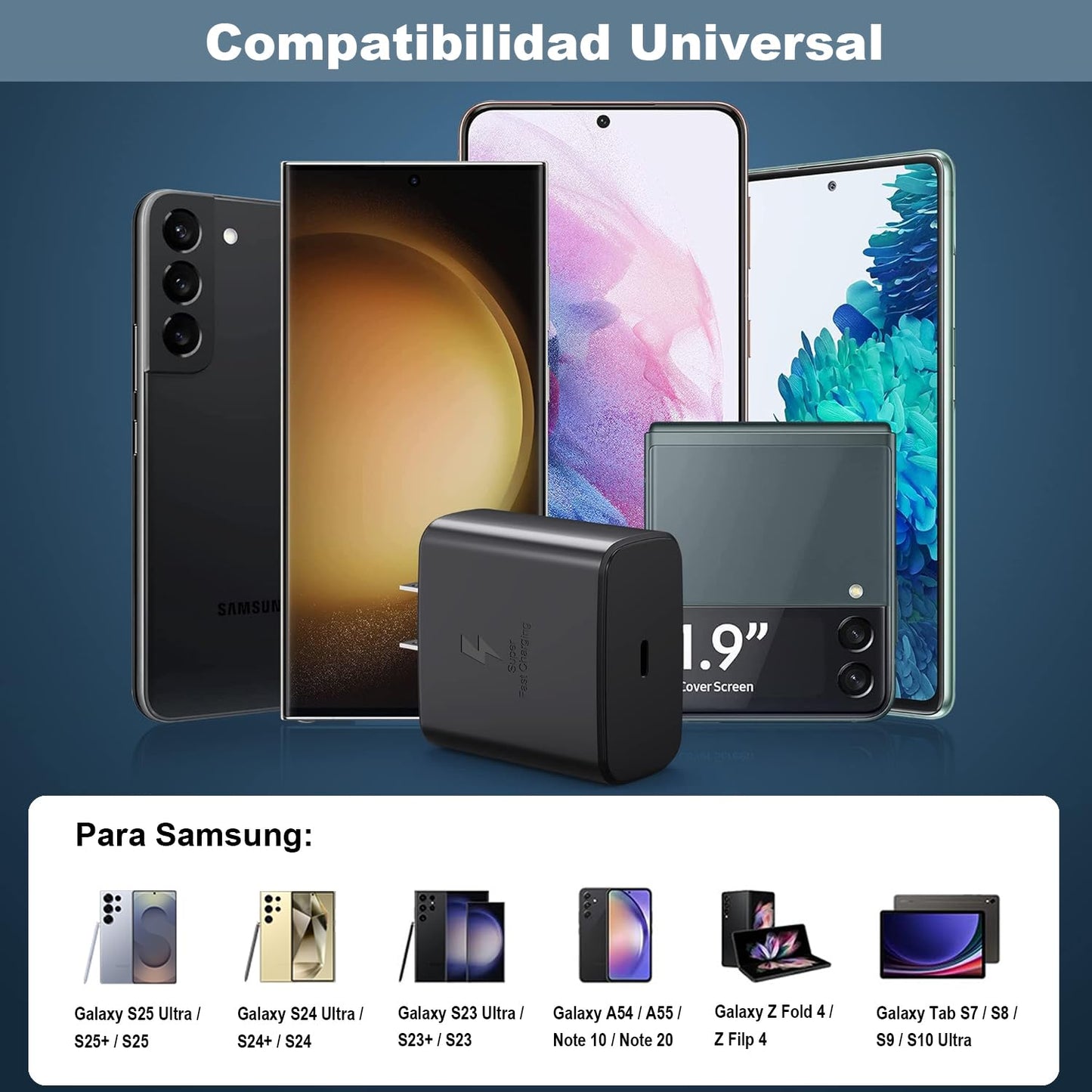 Cargador Tipo C para Samsung, 45W Rápido Cargador Tipo C con Cable de 2M, para Samsung S25 Ultra/S24 Ultra/S23 Ultra/S22 Ultra/S21/S20/S10/Note 20/Note 10/A55/A54/Galaxy Tab S7/S8/S9/S10 Ultra (2M)