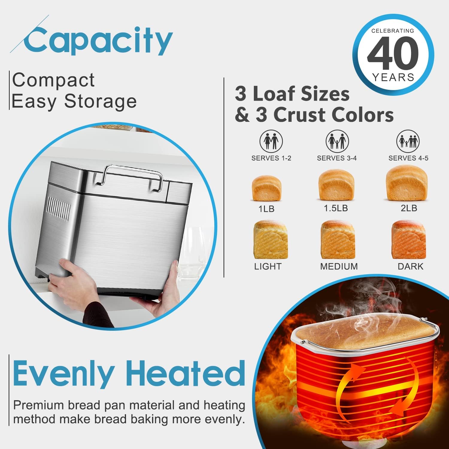 Máquina de pan de acero inoxidable 17 en 1, máquina de pan de 2 libras sin BPA antiadherente de 5 capas superior de cerámica fundida a presión, dispensador automático de frutos secos, 2 paletas y