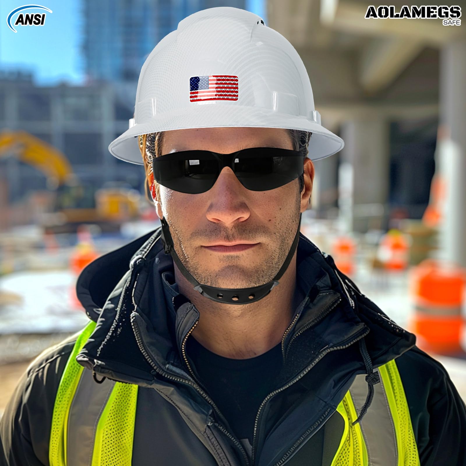 Casco de ala completa de fibra de carbono blanco brillante con gafas de seguridad y forro para hombres y mujeres, OSHA construcción, casco de seguridad con correa de barbilla y visera solar