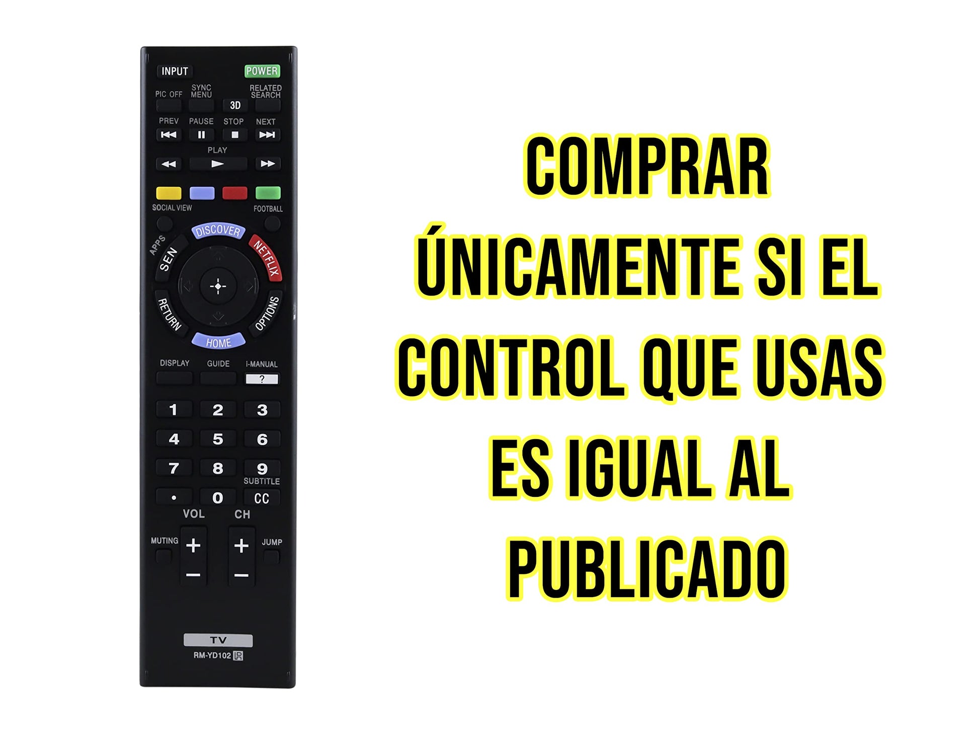 Control Remoto Compatible con Sony BRAVIA Smart TV, Modelos RM-YD103, RM-YD102 100% Compatible Directo, KDL-32W700B KDL-40W580B KDL-40W590B KDL-40W600B KDL-42W700B