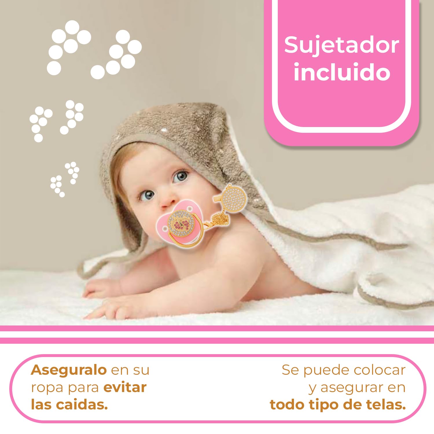 Chupón Sweet Baby Rosa Oro Diamantes Diseño VIP con Sujetador Mordedera Ergonómica Sin BPA para Bebé 0 a 18 Meses