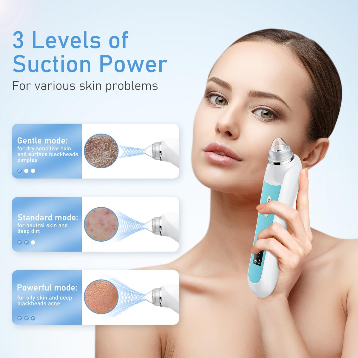 Aspirador de puntos negros faciales, cámara 1080p, zoom 20x, 8 LED y 3 modos de succión, batería 800 mAh y USB - Kit de limpieza de poros de 6 cabezas para hombres y mujeres (azul)