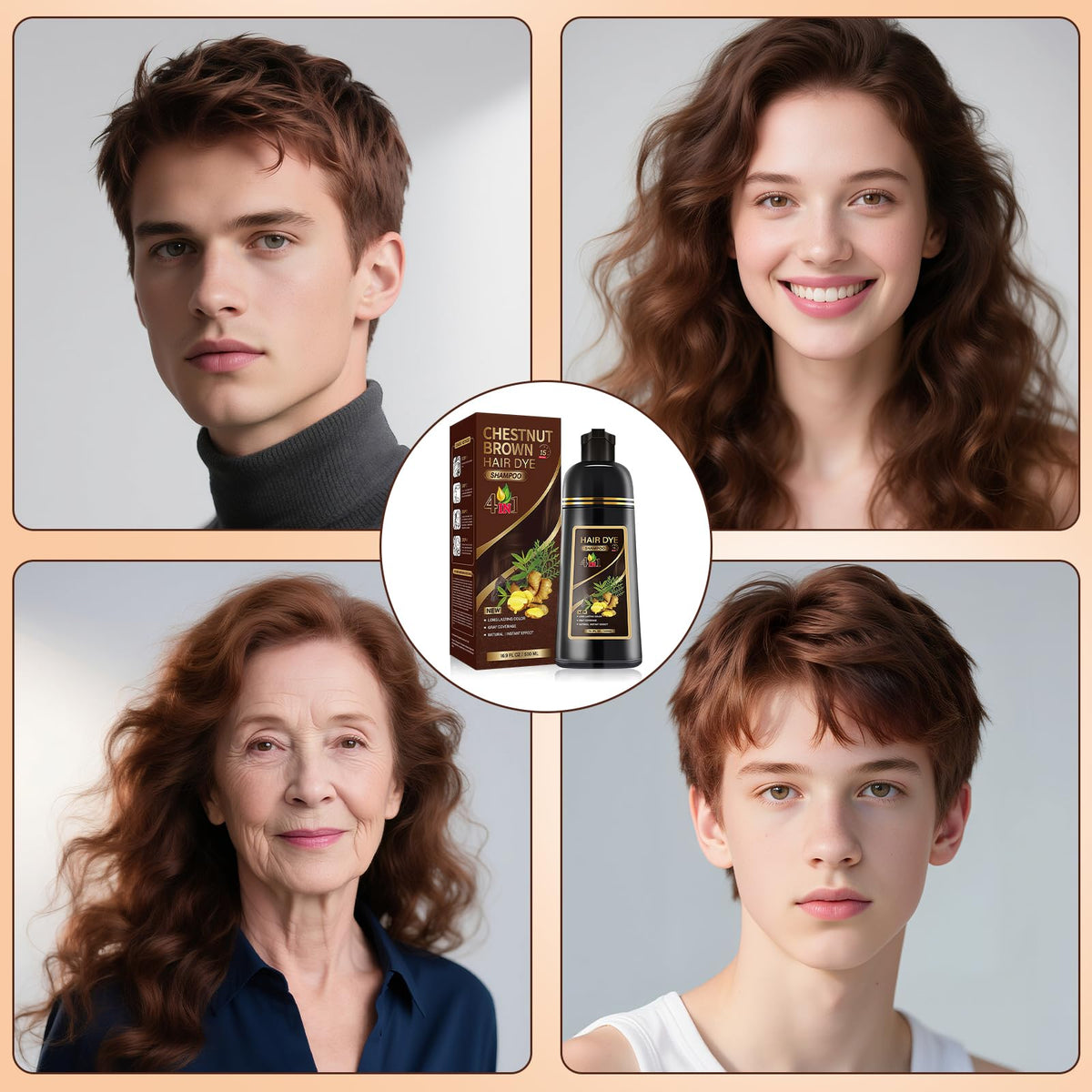 Marrón Castaño Hair Dye Shampoo, Shampoo Hair Dye, Champú Tinte Instantáneo 4 En 1, Suave y delicado, Cobertura de Canas, larga duración, Adecuado Para HombresY mujeres(Marrón castaño)