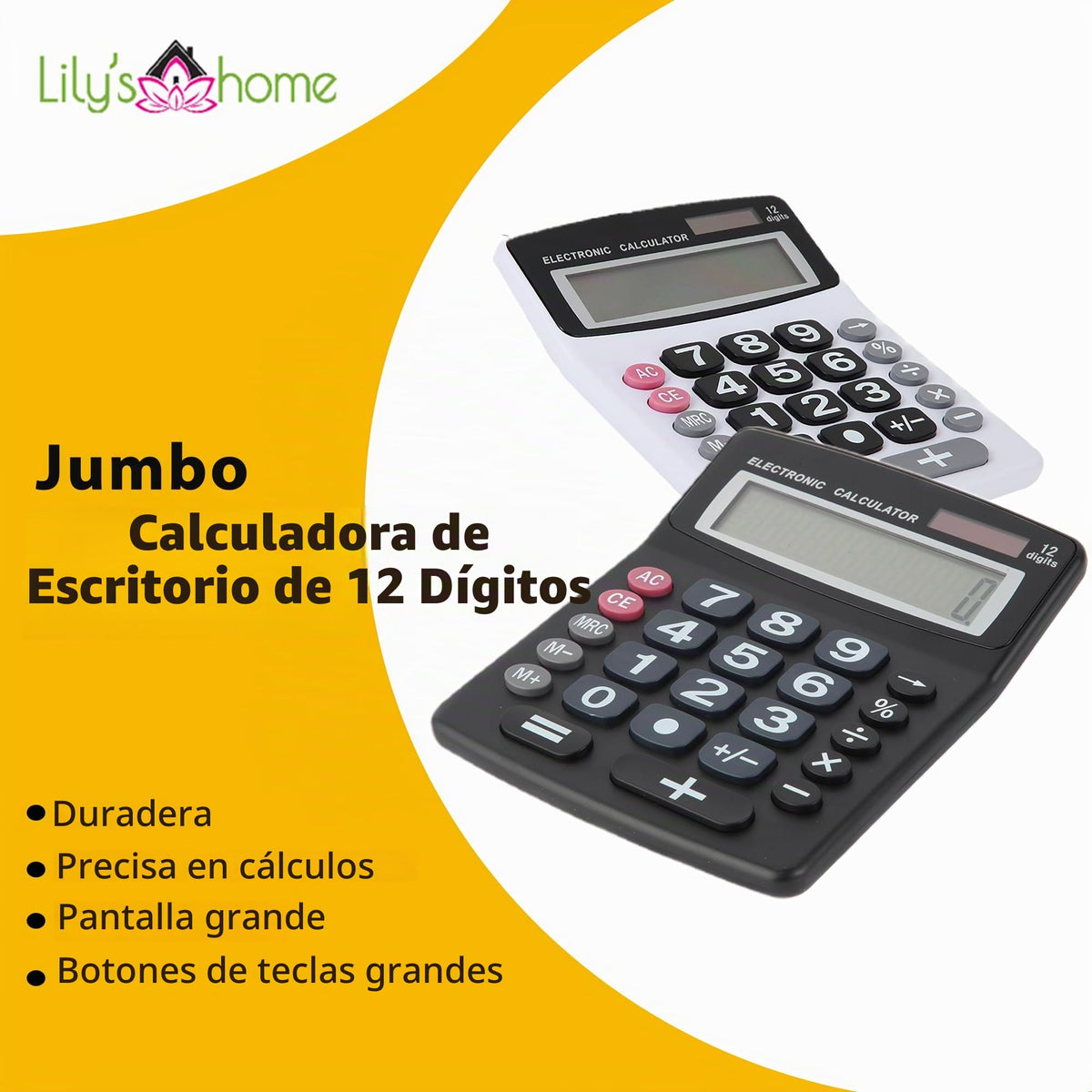 Calculadora Jumbo de 12 Dígitos Lily' Home Negra con Energía Solar y Pantalla LCD Grande