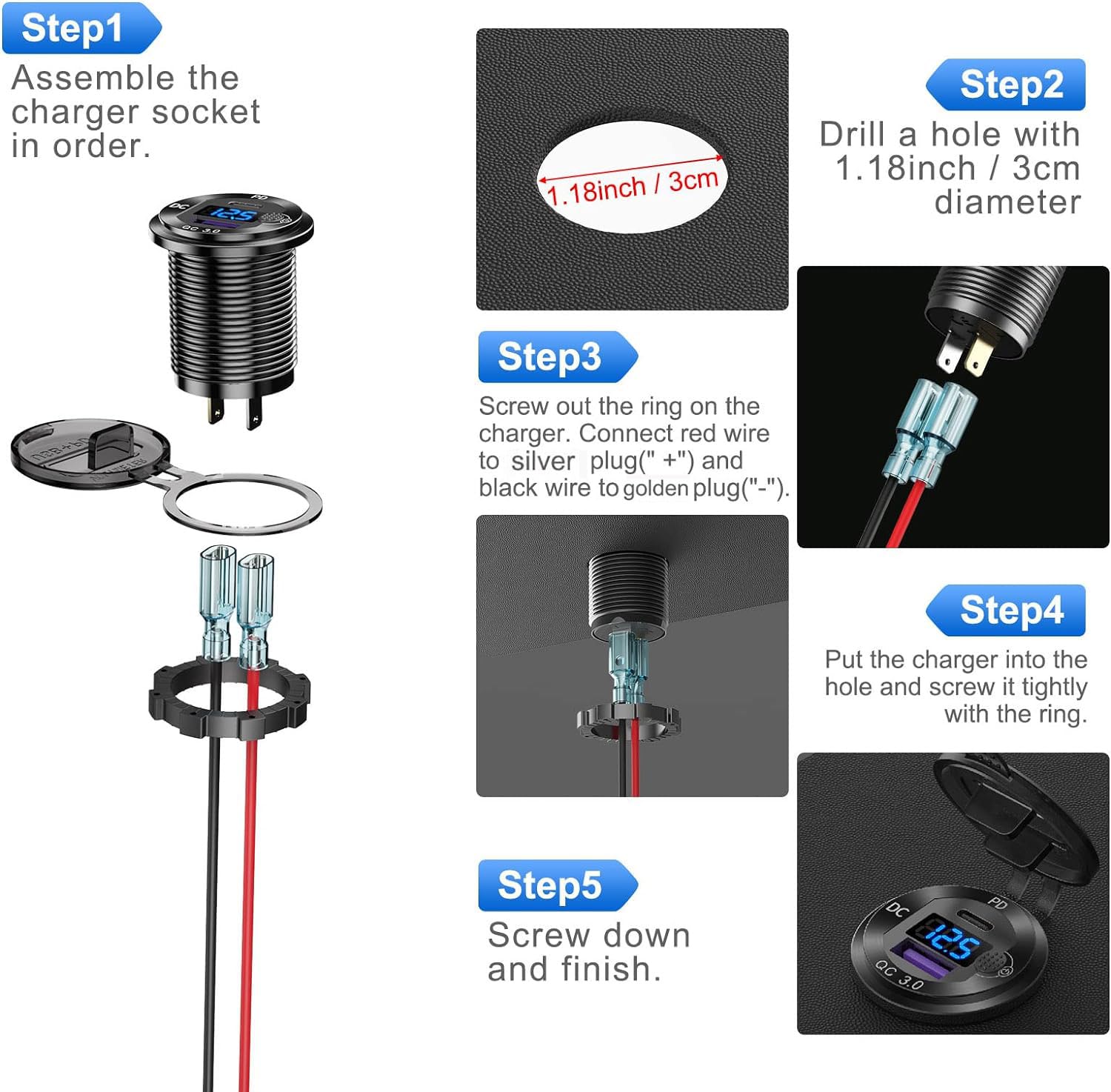Toma de corriente USB de 12 V/24 V, carga rápida 3.0, enchufe de cargador de coche de doble puerto con voltímetro azul, cargador USB de aluminio impermeable, kit de bricolaje para coche, motocicleta