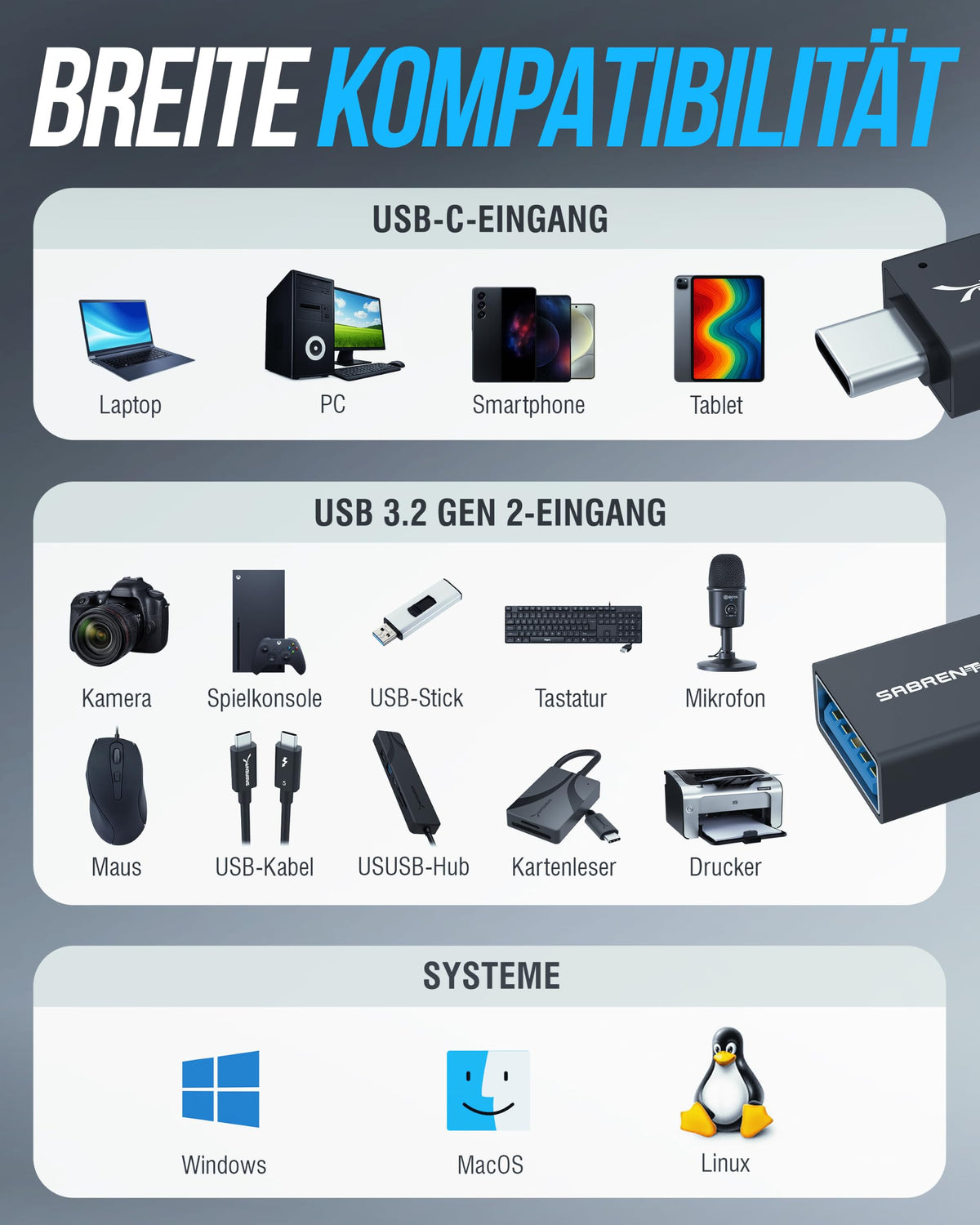 Adaptador USB C SABRENT Negro, Convertidor USB 3.2 Tipo C Hembra a USB-A Macho, Transferencia de Datos de 10 Gbps, Paquete de 4