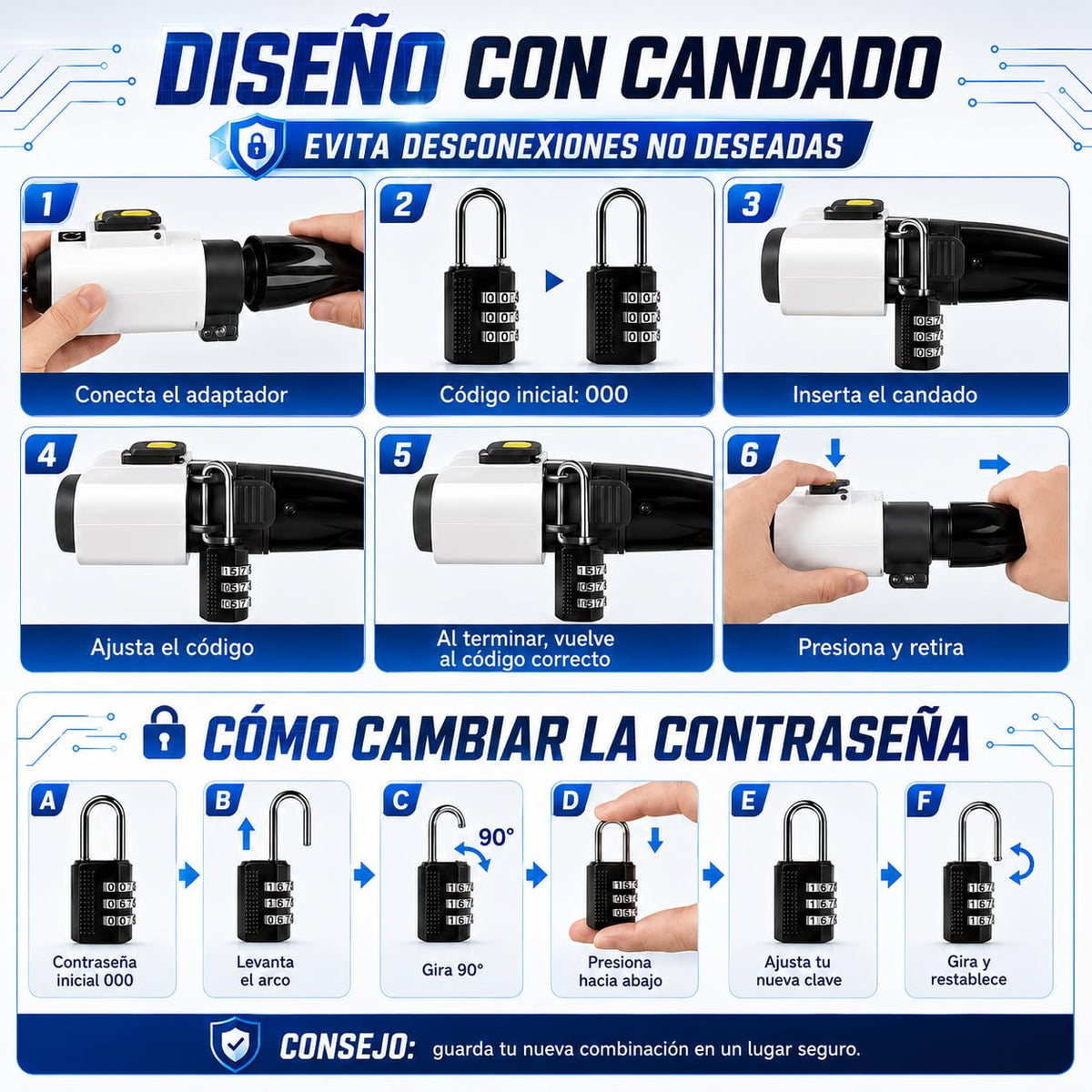 Adaptador de Carga AHFWGY Negro con Candado de Seguridad para Coches Eléctricos