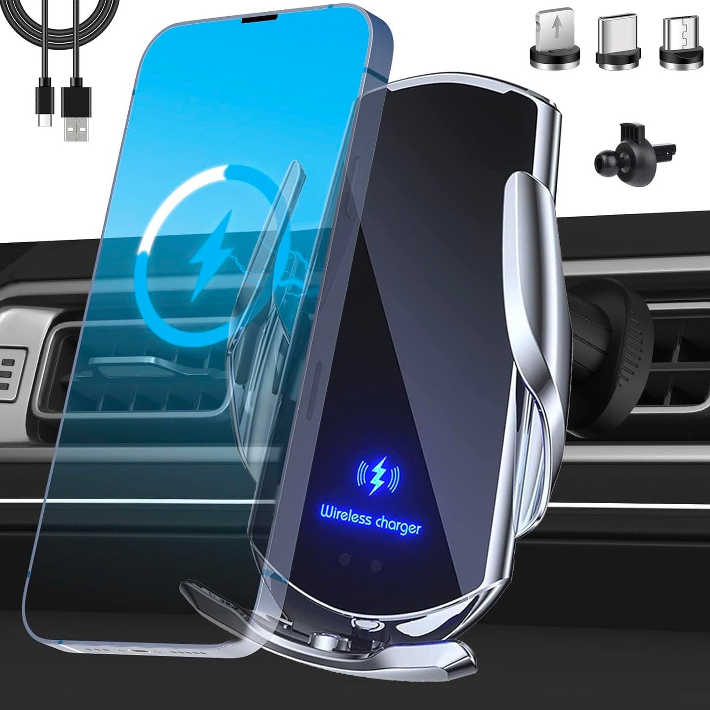 SOZOMO Cargador de Coche Inalámbrico, Soporte de Teléfono paraCoche,Soporte Cargador 2 en 1，15w Cargador De Coche Rapida,para Todos Teléfonos Móviles con Función de Carga Inalámbrica ﻿