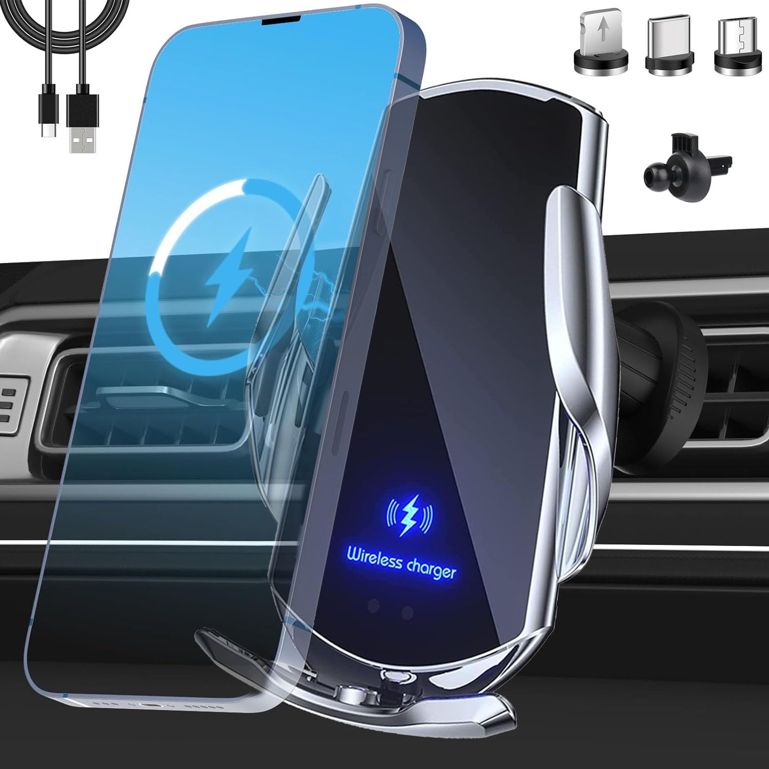 SOZOMO Cargador de Coche Inalámbrico, Soporte de Teléfono paraCoche,Soporte Cargador 2 en 1，15w Cargador De Coche Rapida,para Todos Teléfonos Móviles con Función de Carga Inalámbrica ﻿