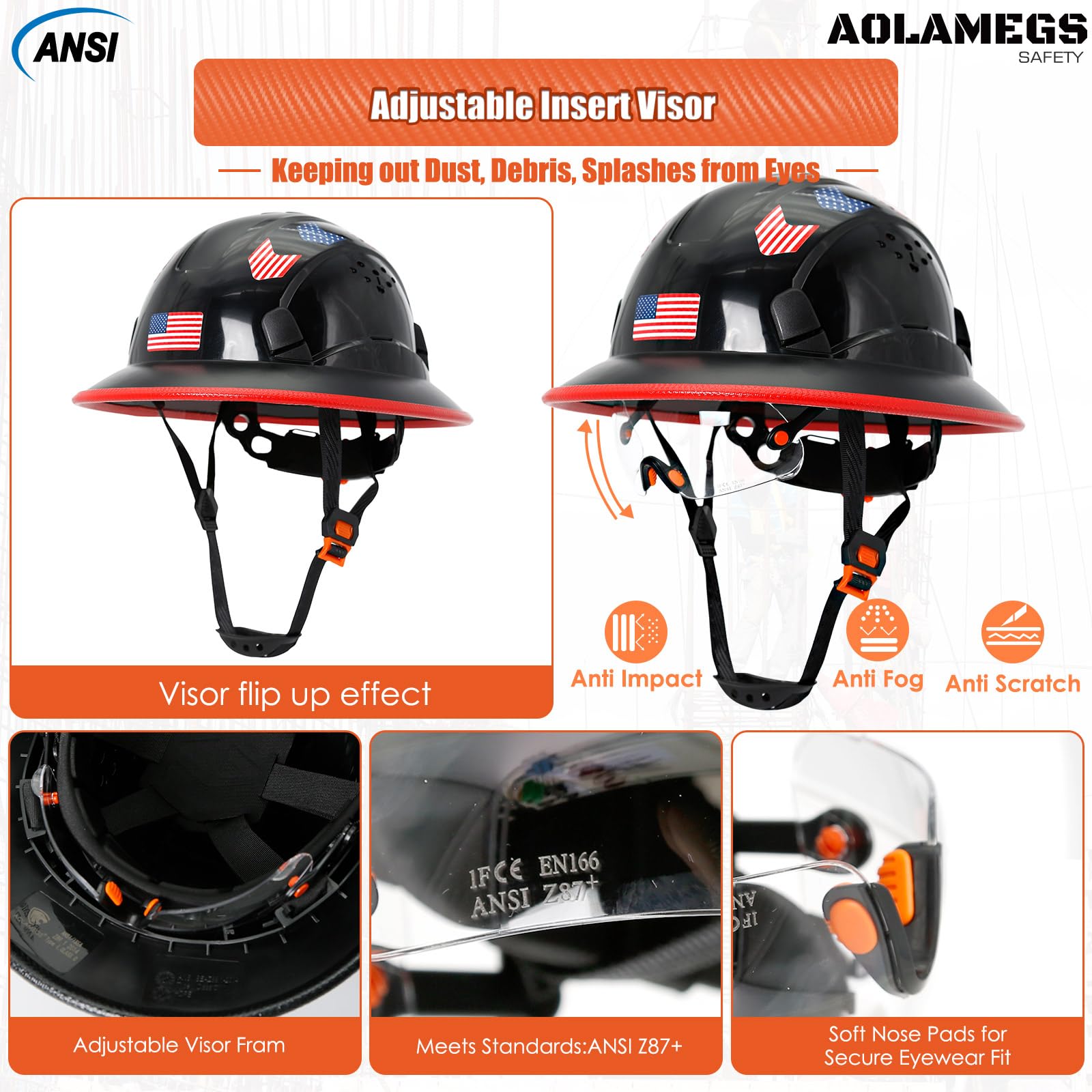 Cascos duros de borde completo con visera de construcción aprobados por OSHA - Cascos duros ventilados para hombres, Casco duro negro con correa para la barbilla, seguridad negro con visera tintada
