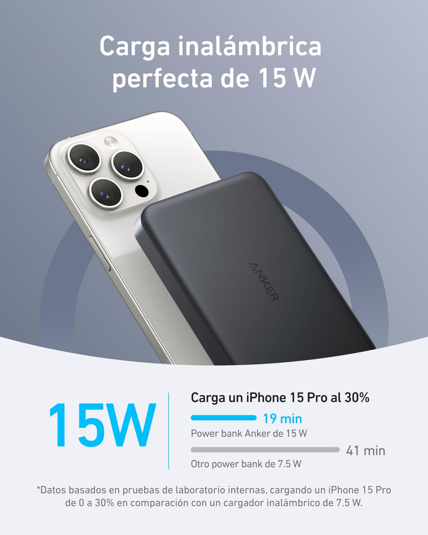 Batería Portátil Anker Negra Ultra Delgado 10000mAh con Carga Rápida y Cargador Inalámbrico para iPhone Serie 16/15/14/13/12