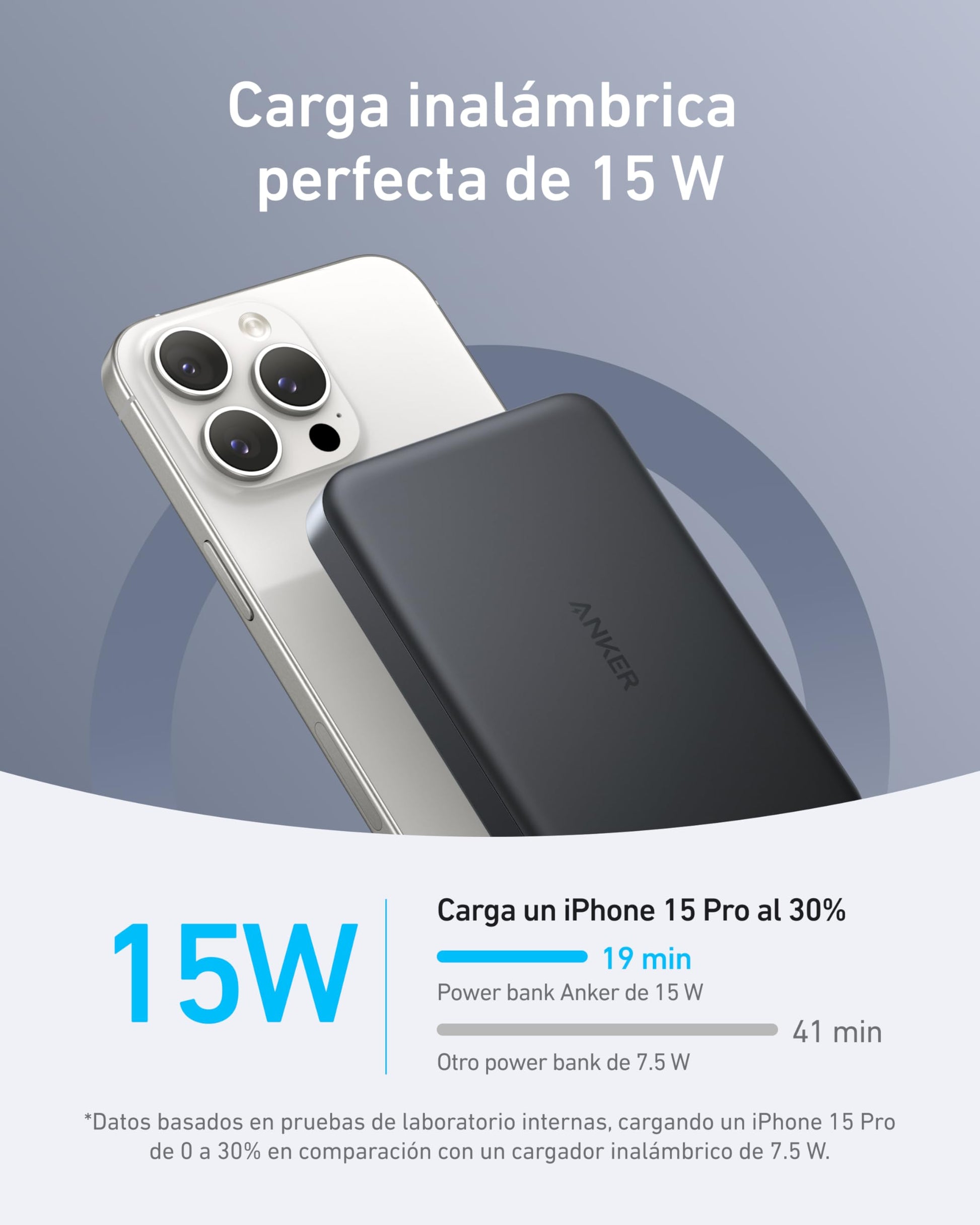 Batería Portátil Anker Negra Ultra Delgado 10000mAh con Carga Rápida y Cargador Inalámbrico para iPhone Serie 16/15/14/13/12