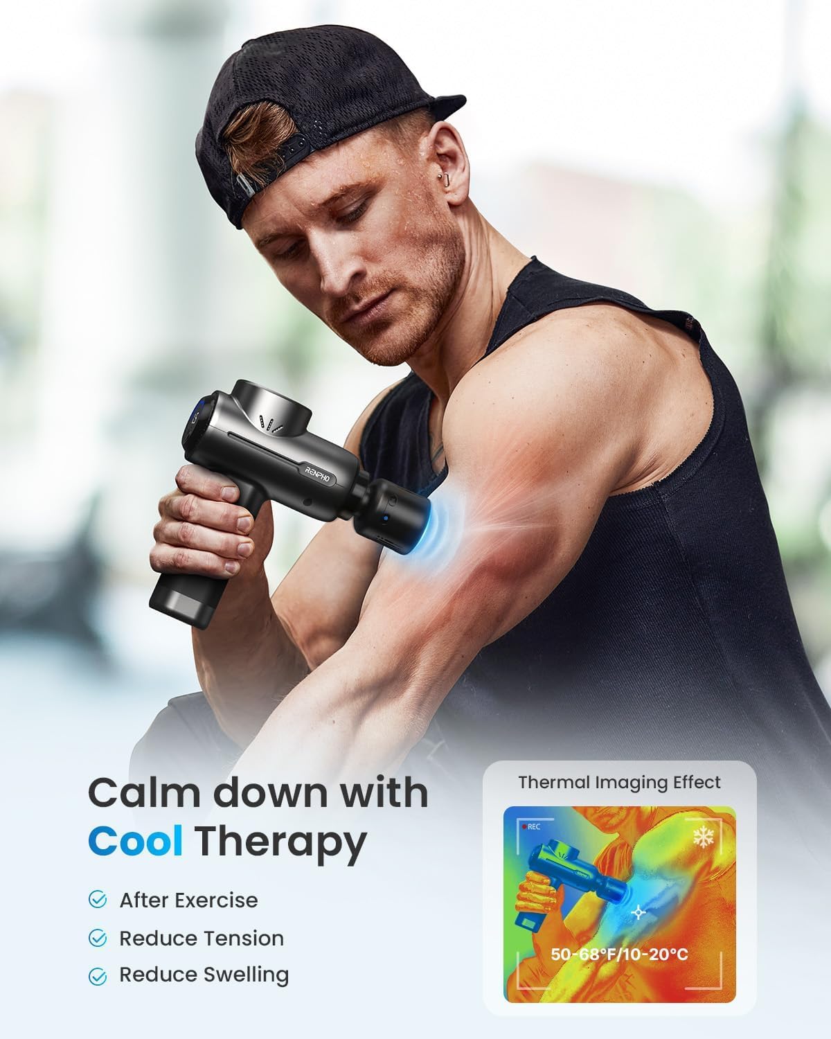 RENPHO Pistola de masaje con calor y frío, pistola de masaje de tejido profundo muscular de percusión con Bluetooth, pistola masajeadora de mano, regalos para hombres mujeres, Active+ Thermacool