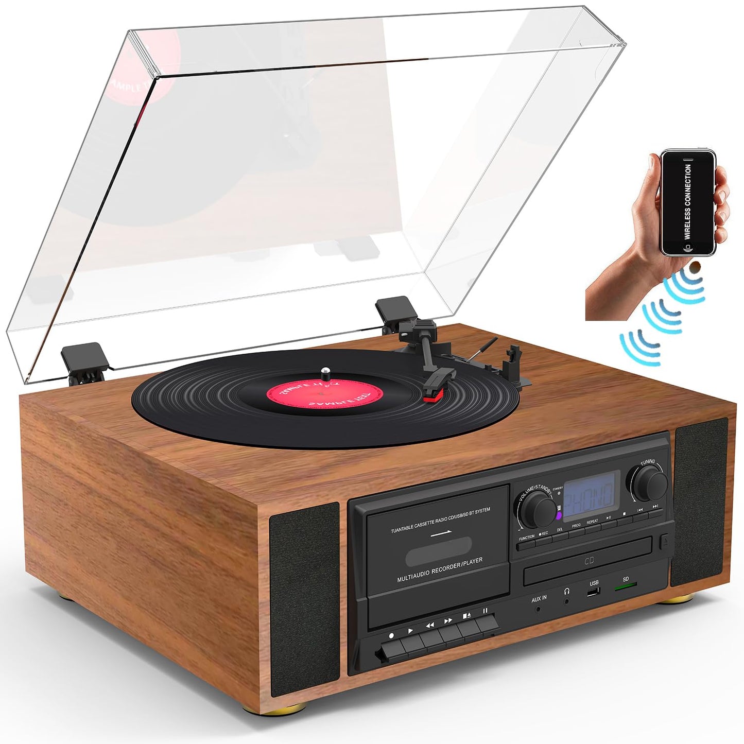 Boytone BT-38SM - Sistema de tocadiscos clásico Bluetooth, radio AM/FM, reproductor de CD/casete, 2 altavoces estéreo integrados, grabación de vinilo, radio y casete a MP3, ranura SD, USB, AUX.