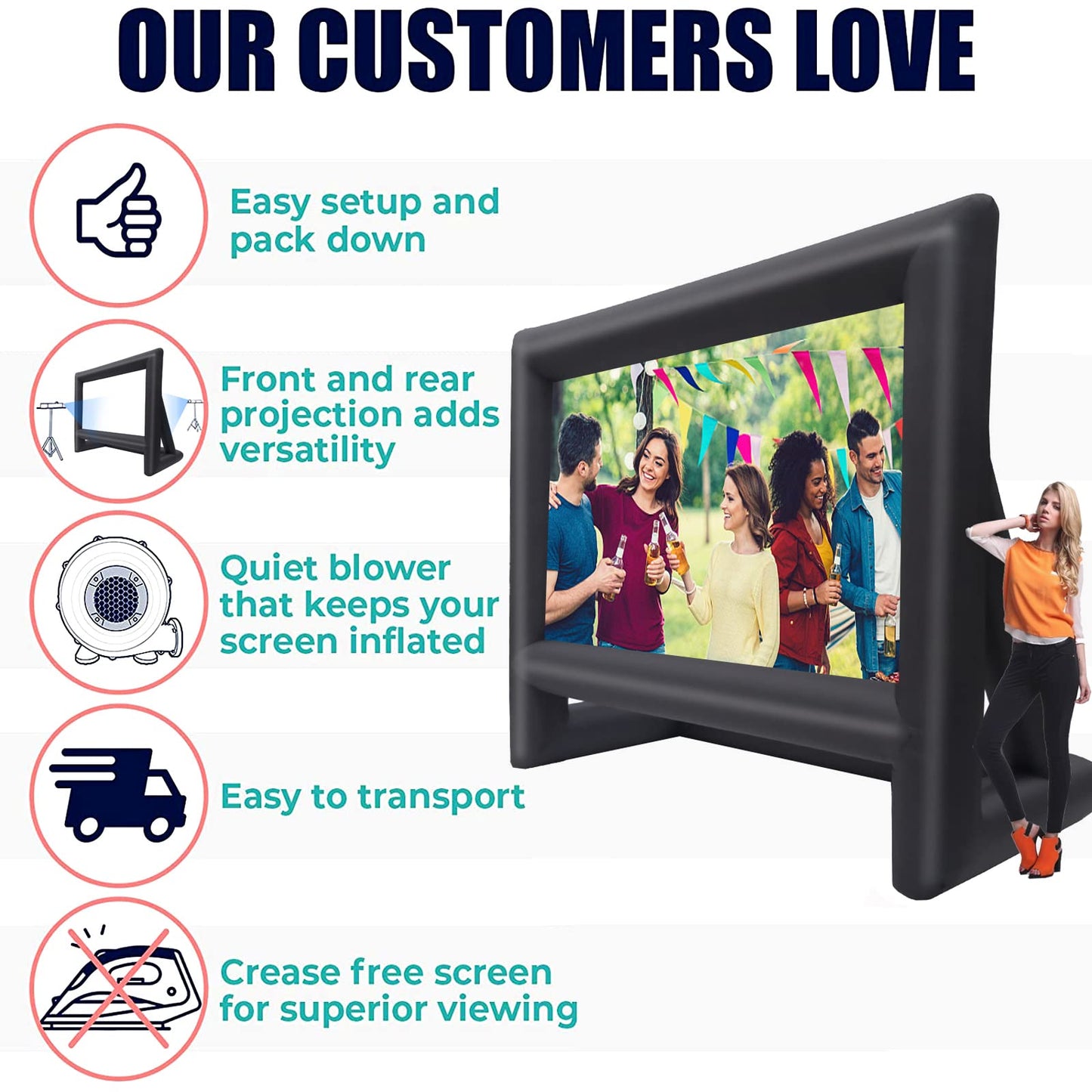 GYUEM Pantalla de proyector de 22 pies - Pantallas inflables de Cine para Exteriores e Interiores - Incluye Cuerda, soplador, estacas para Carpa - Ideal para Fiestas al Aire Libre