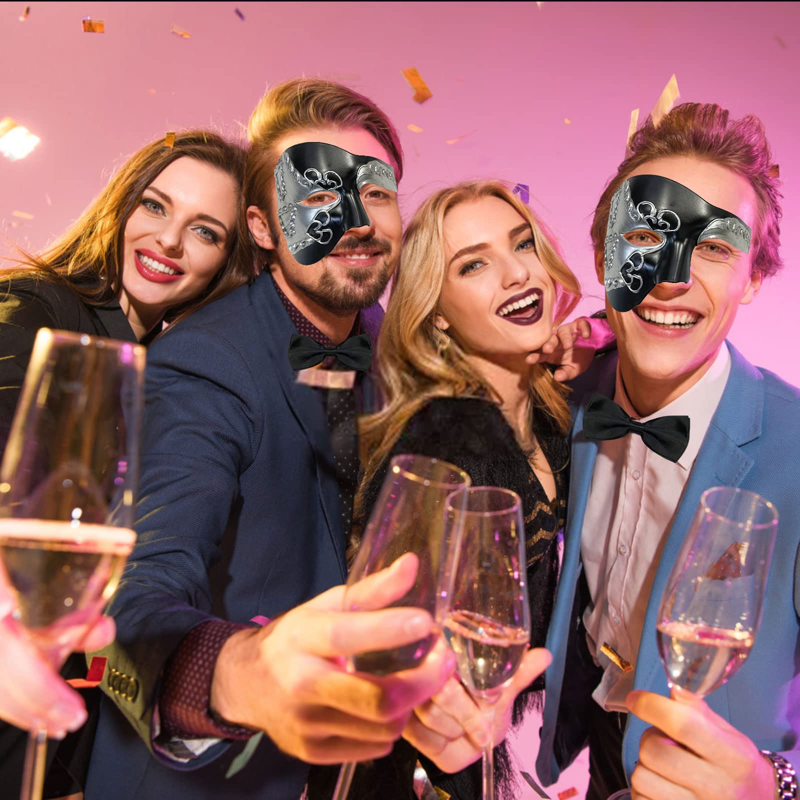 HyperFun Máscara de máscaras para hombre, fantasma de la ópera, máscara de media cara con corbatín, máscaras venecianas clásico para fiestas de disfraces/temáticas (oreja negra)
