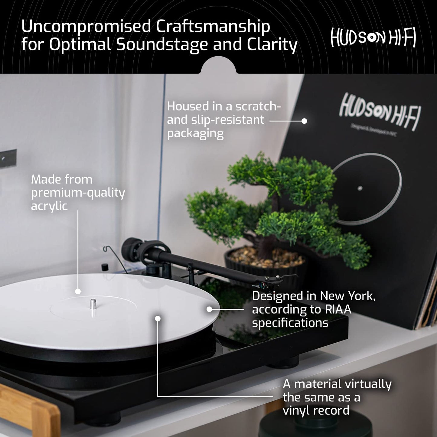 Hudson Hi-Fi Estera giratoria de acrílico - LP Slipmat para tornamesas y Tocadiscos de Vinilo - Blanco