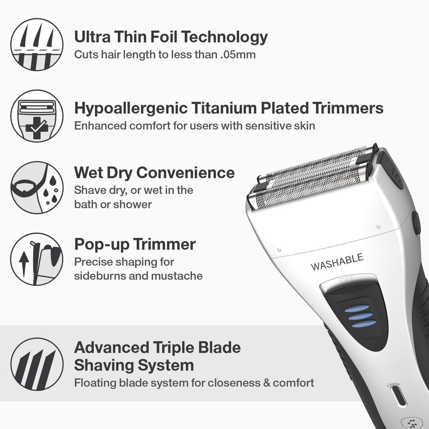 Maquinilla de afeitar eléctrica para hombres, YASUN para hombres, afeitadora eléctrica impermeable IPX7 para hombres con recortadora de barba pop-up recargable, inalámbrica YS5800 plateado y negro