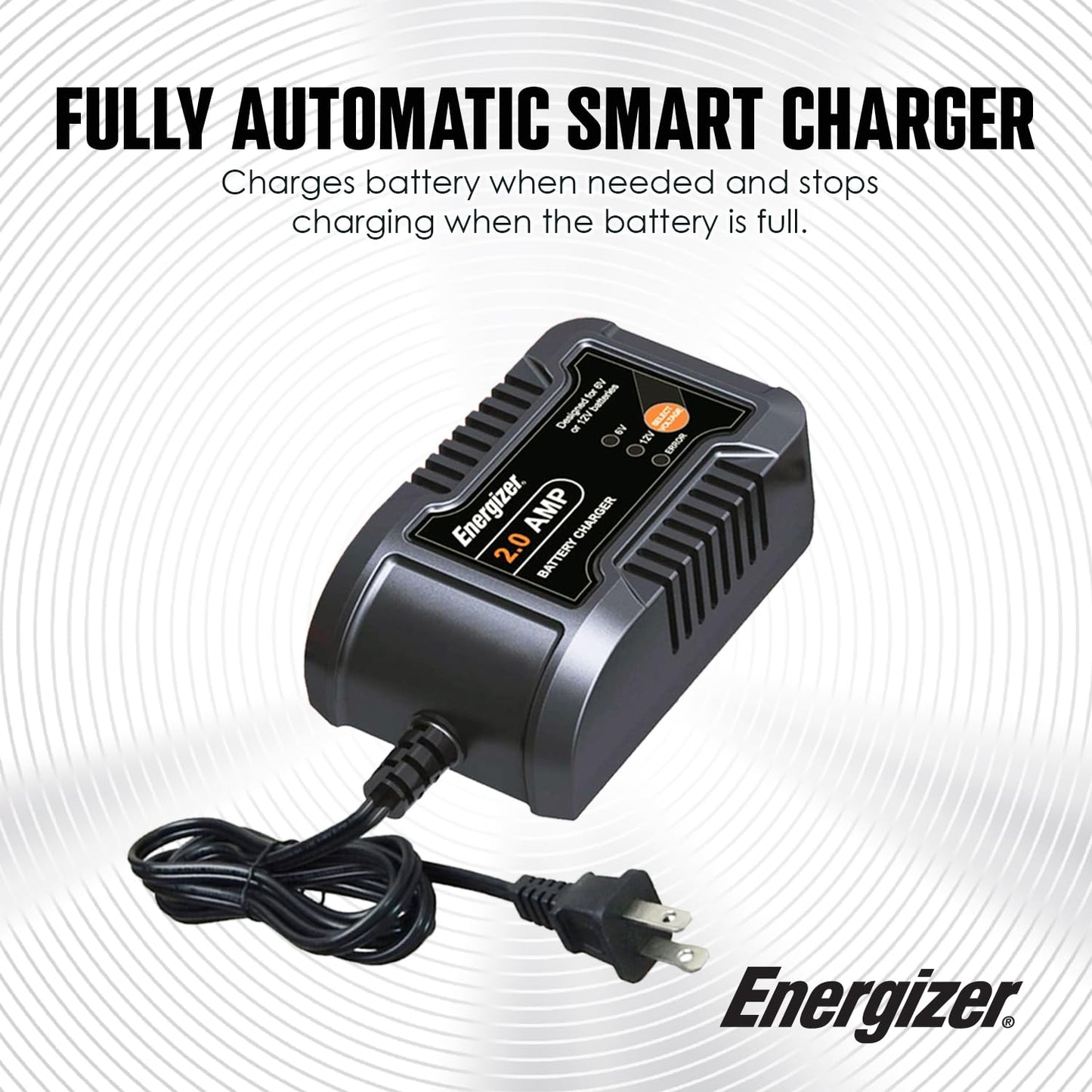 Energizer Cargador Inteligente Automático de 2 Amperios para Baterías de 6 V y 12 V - Mantenedor y Cargador de Goteo Con Tecnología de Carga Inteligente de 7 Pasos