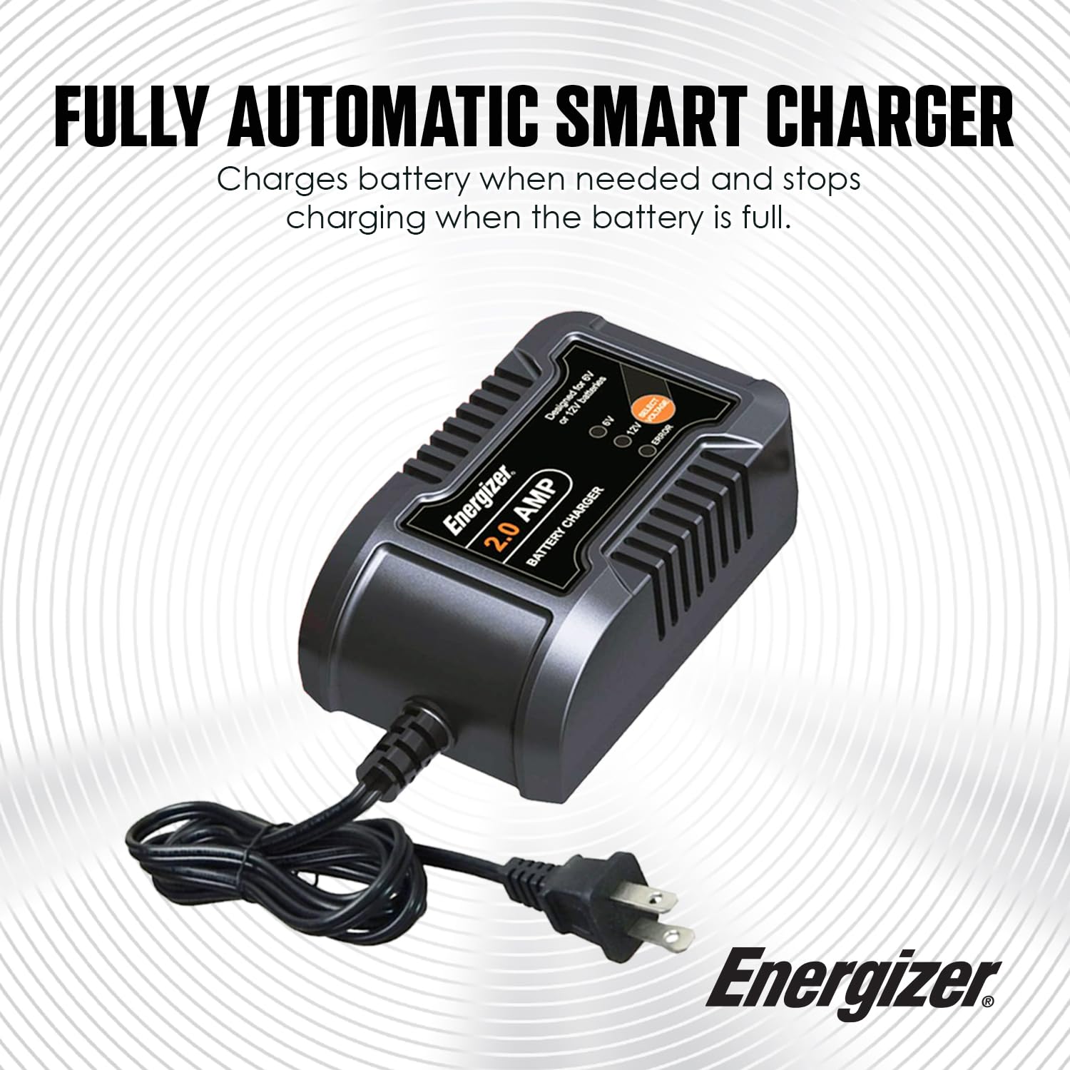 Energizer Cargador Inteligente Automático de 2 Amperios para Baterías de 6 V y 12 V - Mantenedor y Cargador de Goteo Con Tecnología de Carga Inteligente de 7 Pasos