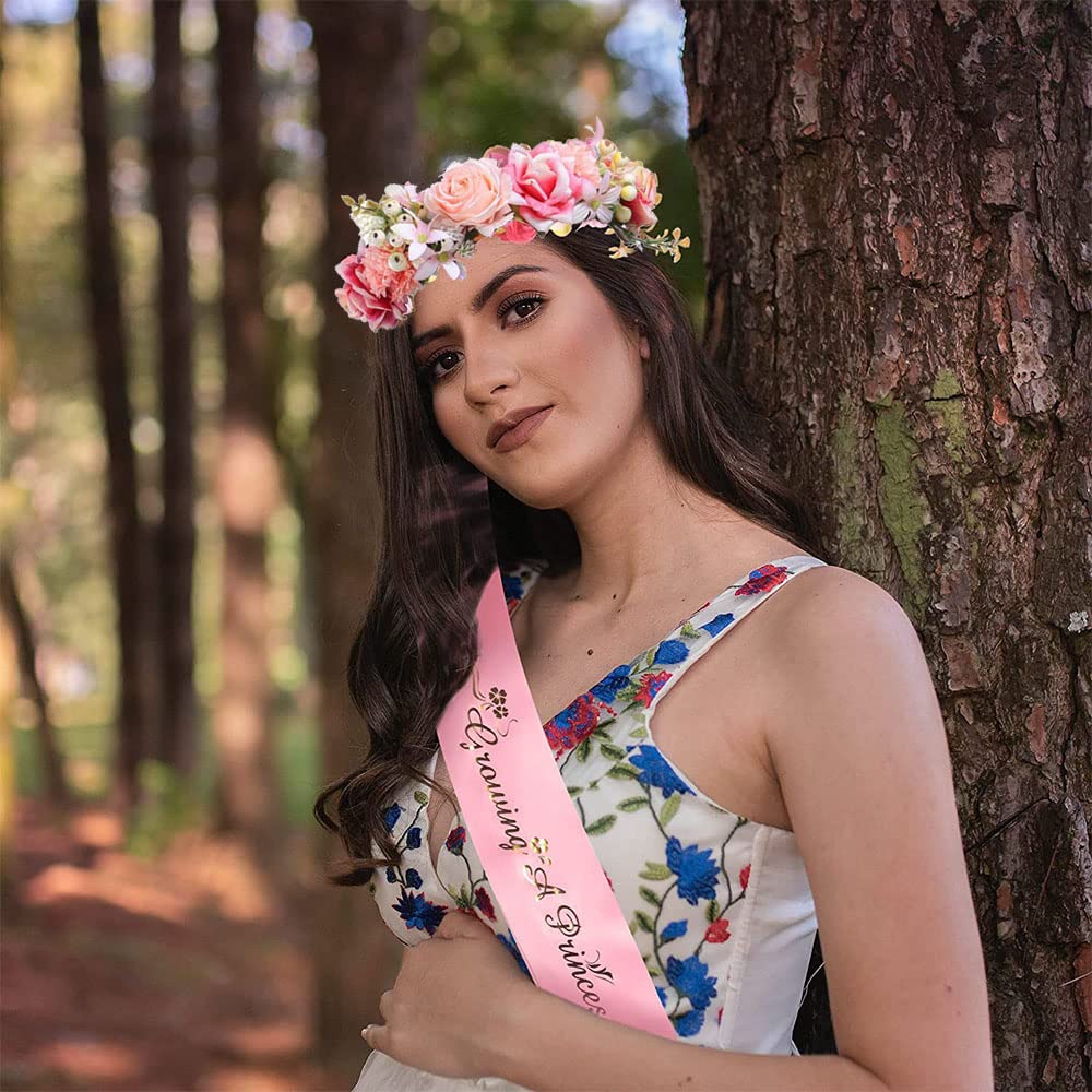 Decoración de baby shower para niñas, tiara de corona de flores ajustable y faja de princesa Growing A Growing A Princess, pin de papá, regalo de fiesta rosa para futuras mamás, papás y padres
