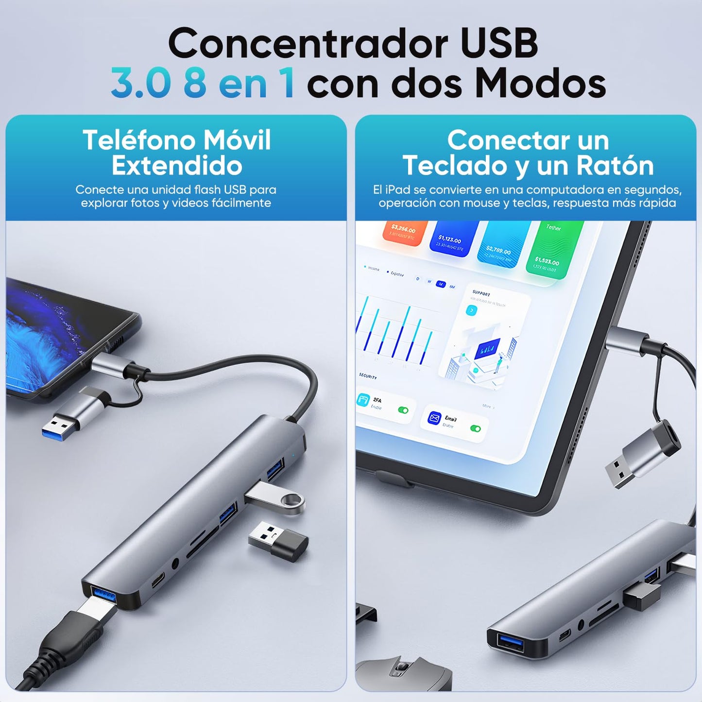 Hub USB C de 8 Puertos,Adaptador USB C Multipuerto,1 USB 3.0, 3 USB 2.0, Jack 3,5mm, USB C Datos Puerto, Lector Tarjeta SD/TF, para MacBook, Mac Pro, iMac, Surface Pro, XPS, PC,Flash Drive, Mobile HDD