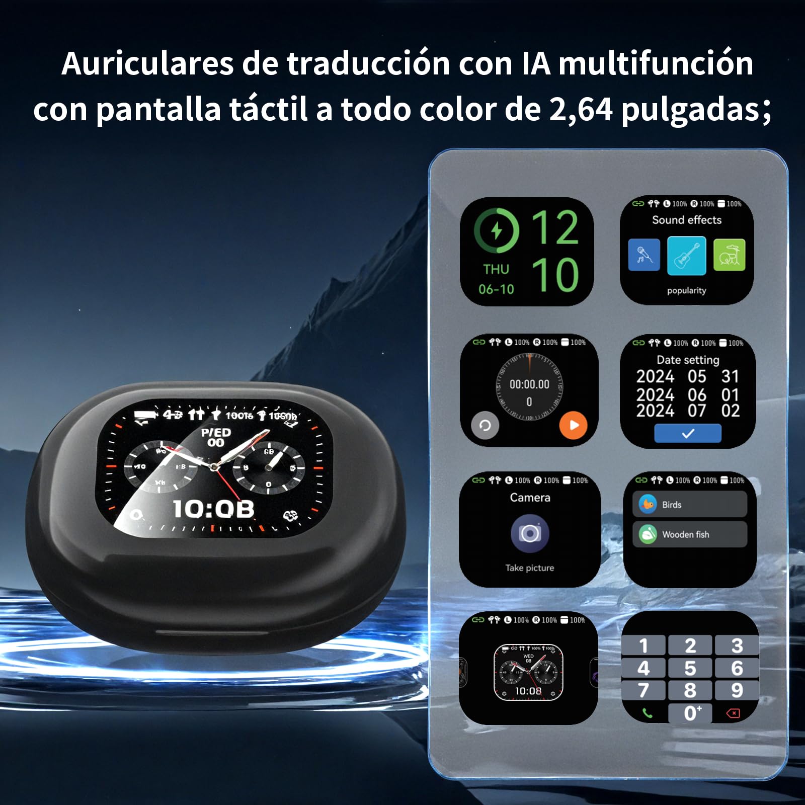 INMUA Auriculares de traducción de idiomas AI, Auriculares de traducción Bluetooth AI 3 en 1,con auriculares con pantalla LED, control táctil,de traducción bidireccional para viajes, negocios.