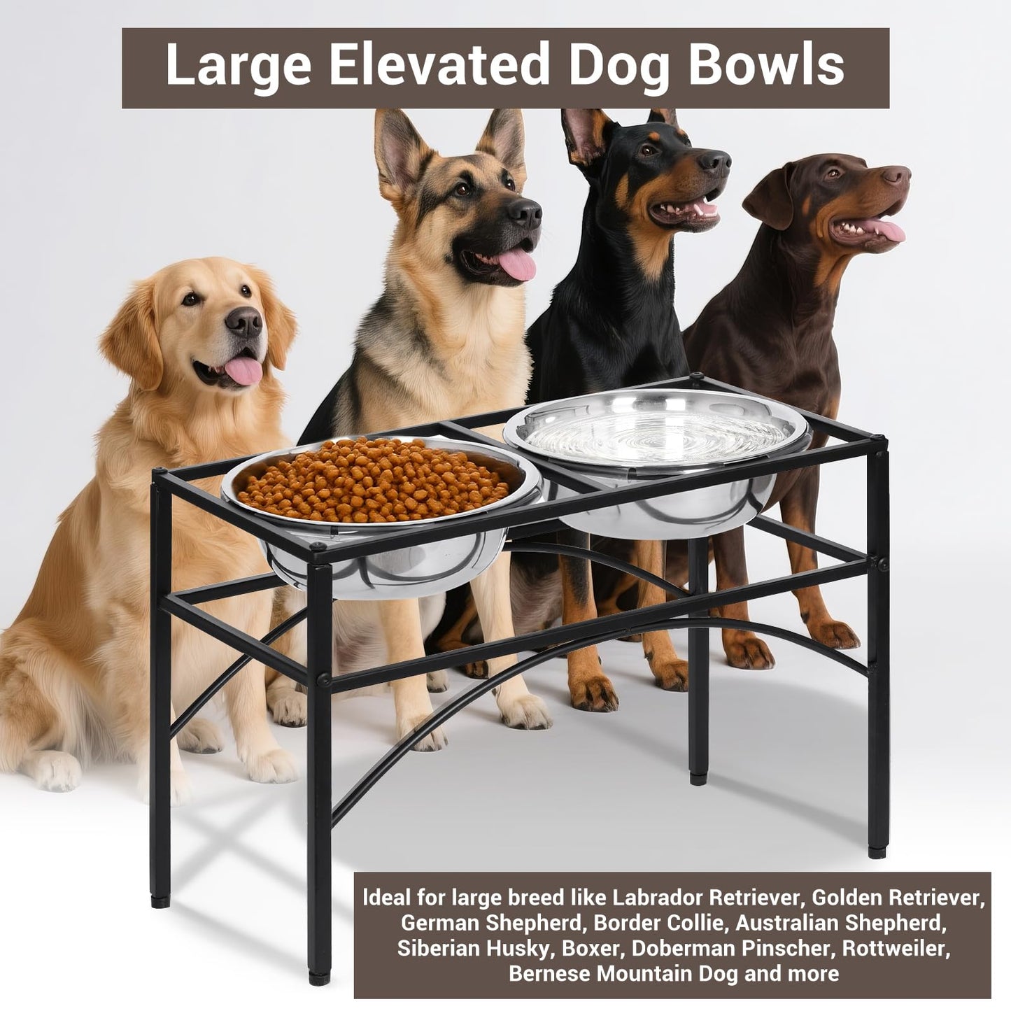 Funkeen Elevated Dog Bowls Raised Pet Feeder Cat Food & Water Diner Stand Set w/ 2 Removable Stainless Steel Bowls (2 Quarts/13.77" in Height)