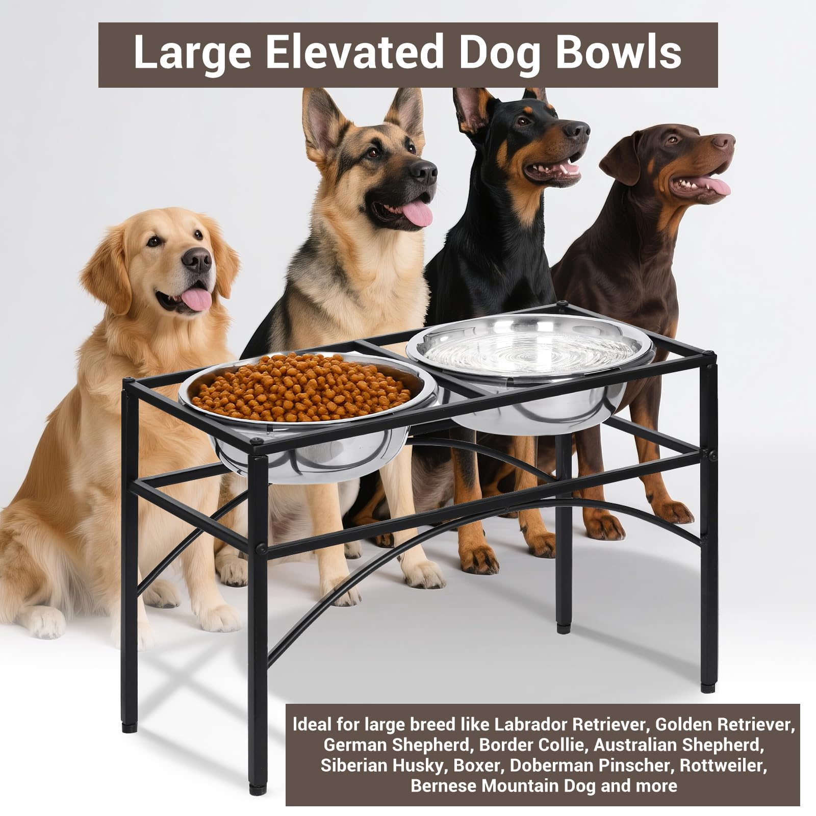 Funkeen Elevated Dog Bowls Raised Pet Feeder Cat Food & Water Diner Stand Set w/ 2 Removable Stainless Steel Bowls (2 Quarts/13.77" in Height)
